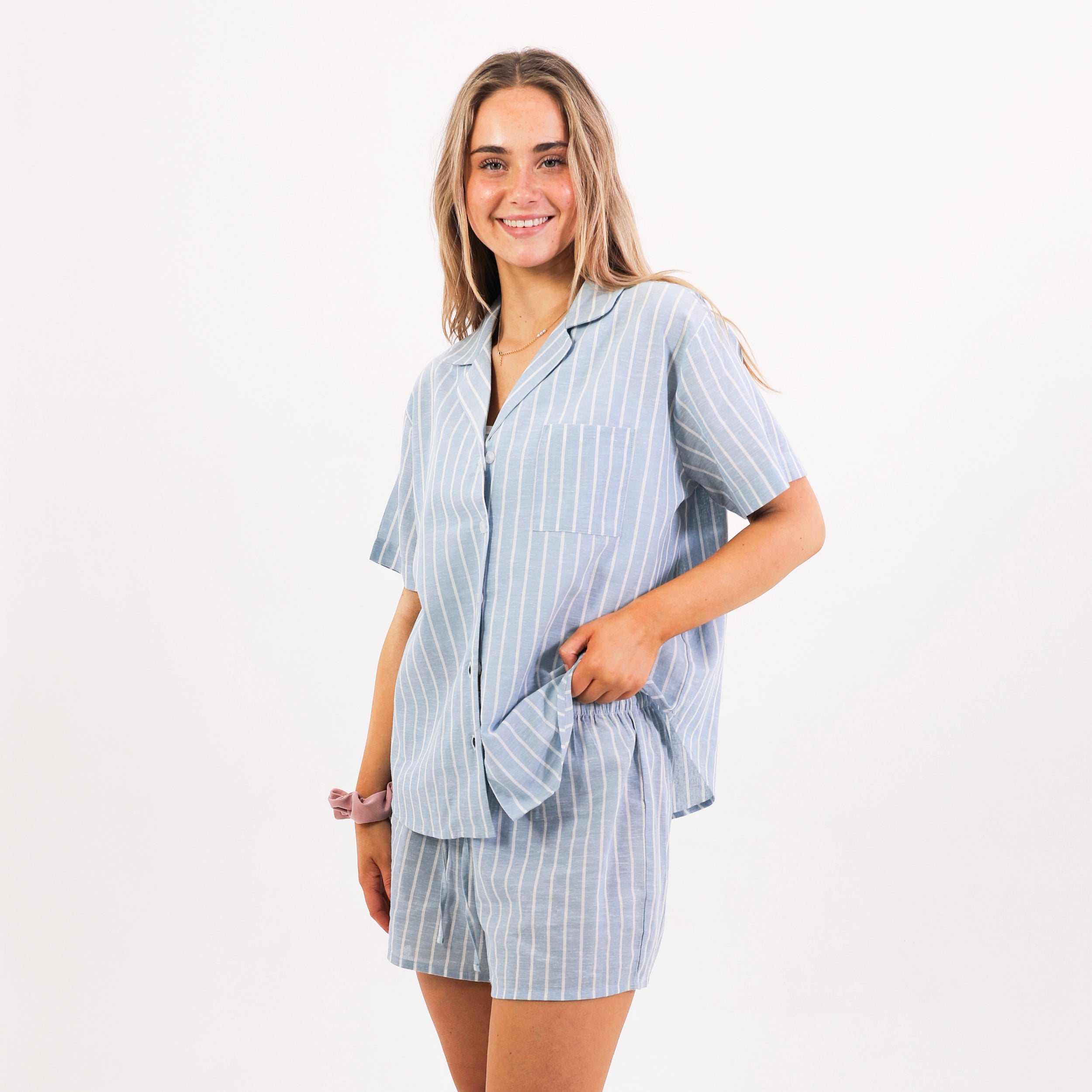 Mitchdowd Womens Blue Stripe Linen Pyjama Set