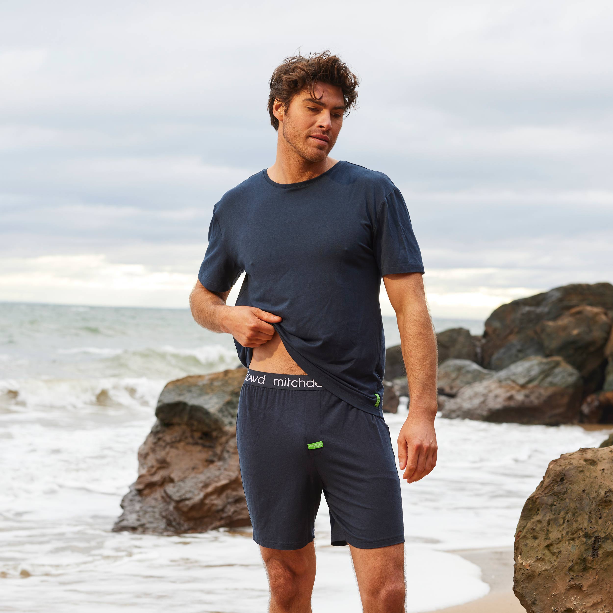 Men's Soft Bamboo Crew Neck Sleep Tee - Navy Model Image 5
