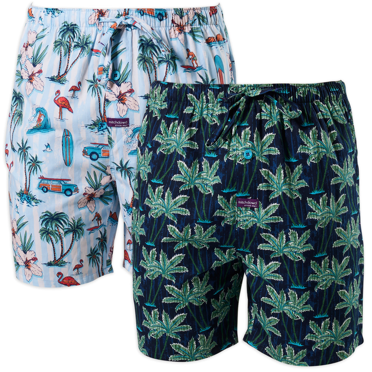 Men's Hawaiian Charm Cotton Sleep Shorts 2 Pack Blue & Navy Mitch Dowd