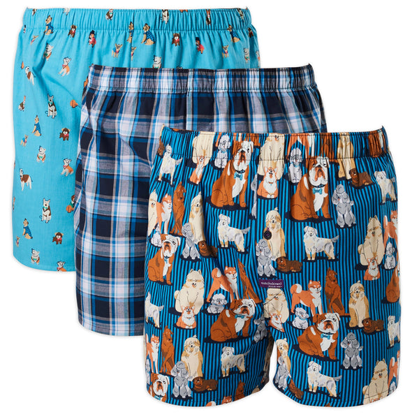 Men's Dressed Up Dogs Cotton Boxer Shorts 3 Pack - Blues