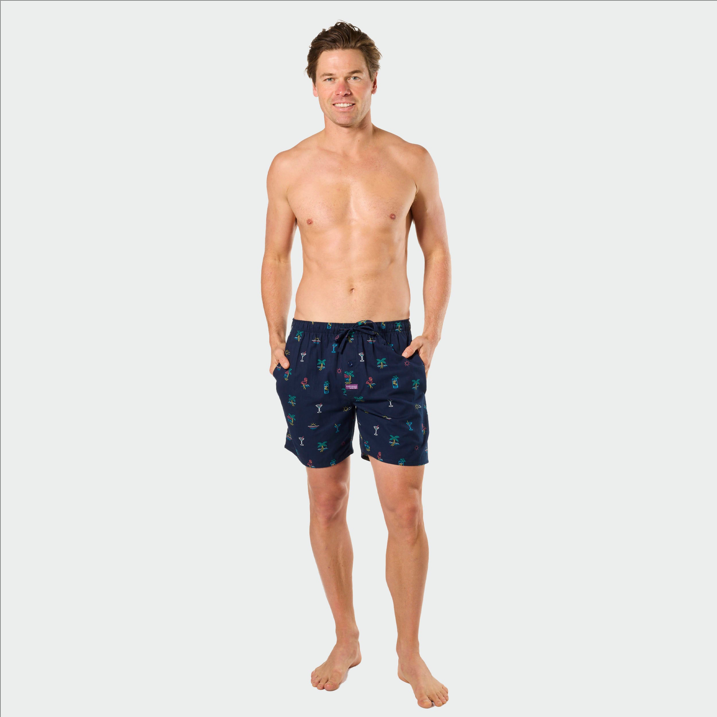 Mitch Dowd Men's Bamboo Sleep Shorts Neon Beach Print in Navy