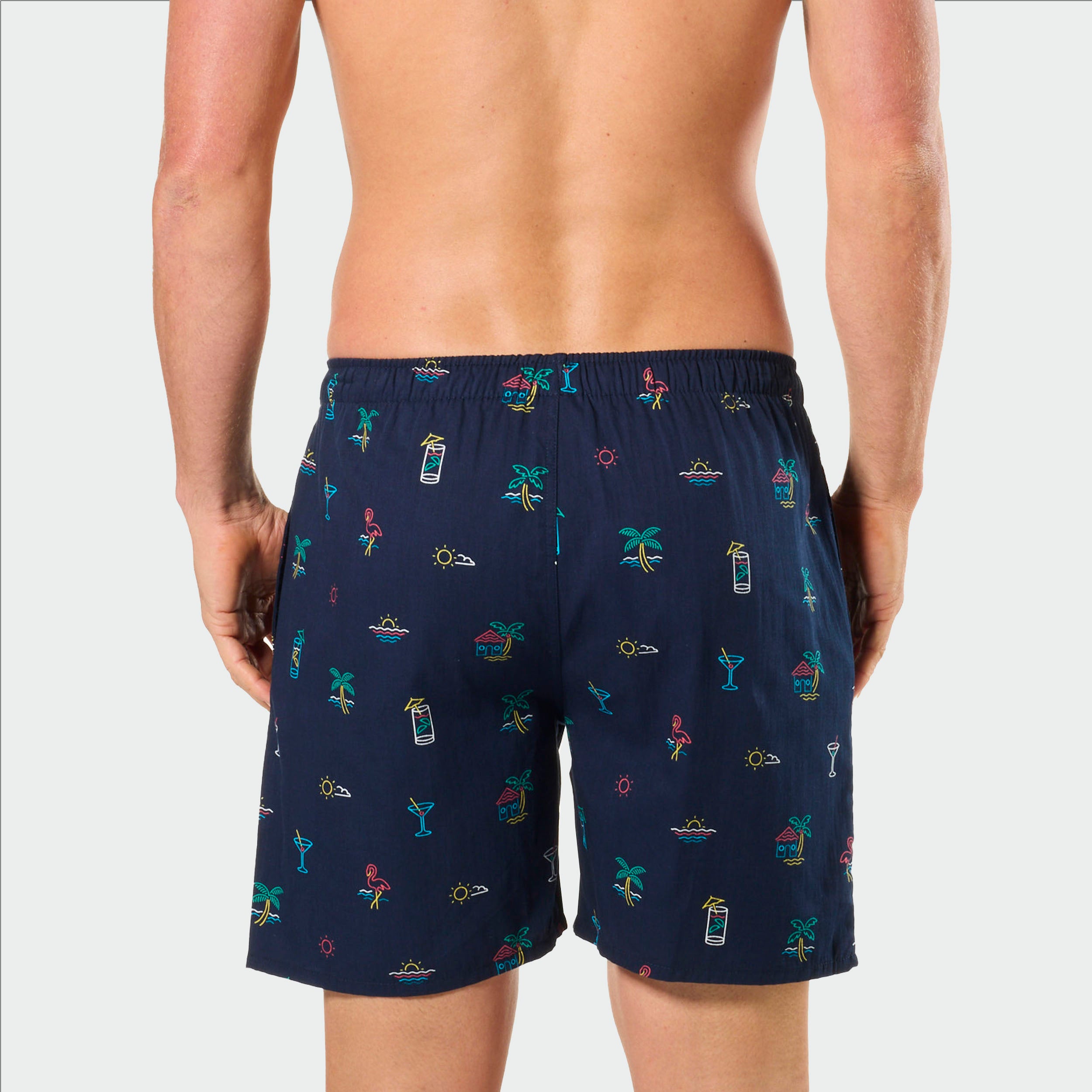 Mitch Dowd Men's Bamboo Sleep Shorts Neon Beach Print in Navy