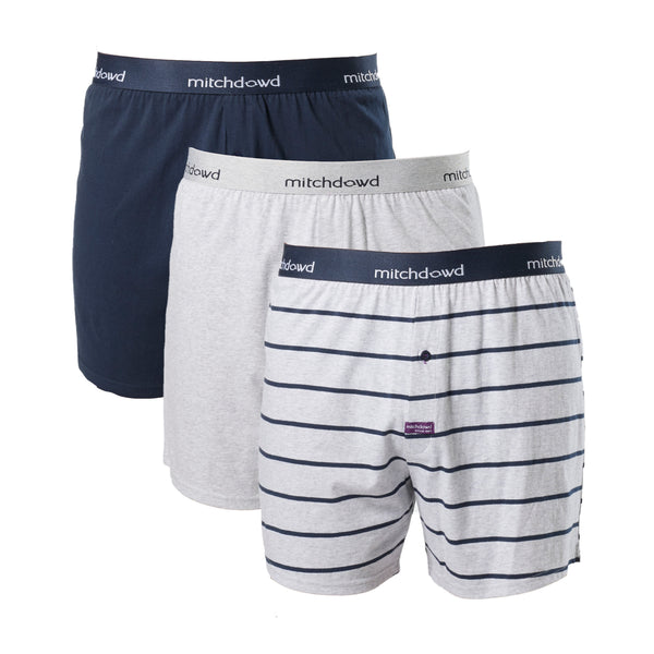 Men's Broad Stripe Cotton Loose Fit Knit Boxer Short 3 Pack - Grey Marle