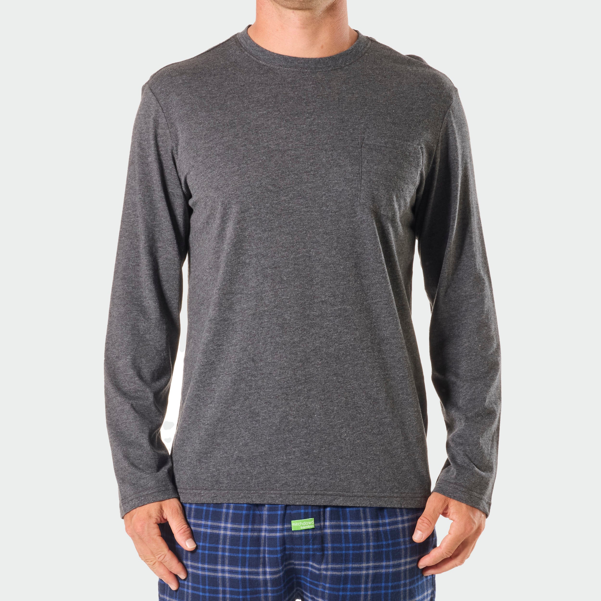 Mens Relaxed Cotton Long Sleeve Sleep Tee - Dark Grey Marle - Image 1