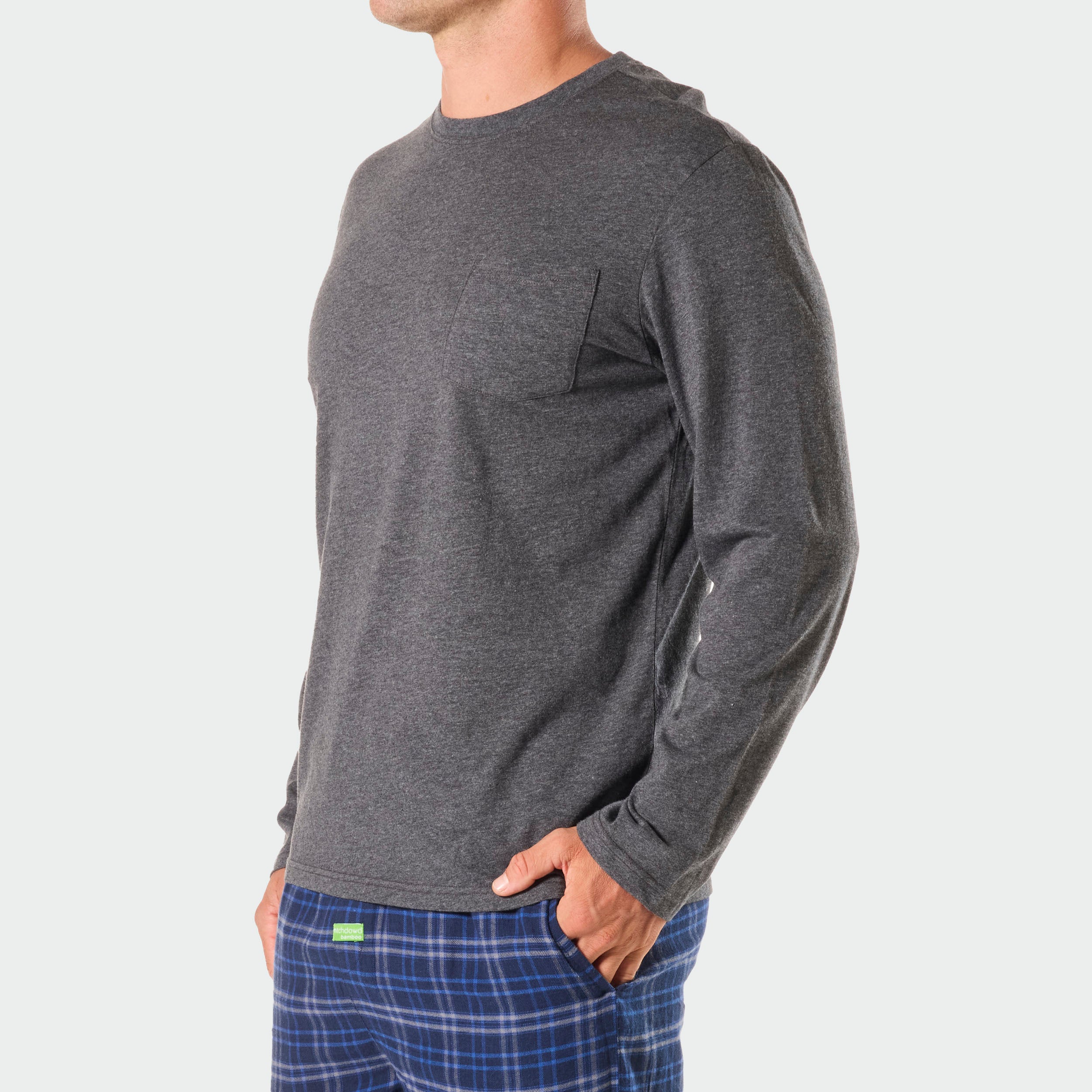 Mens Relaxed Cotton Long Sleeve Sleep Tee - Dark Grey Marle - Image 2