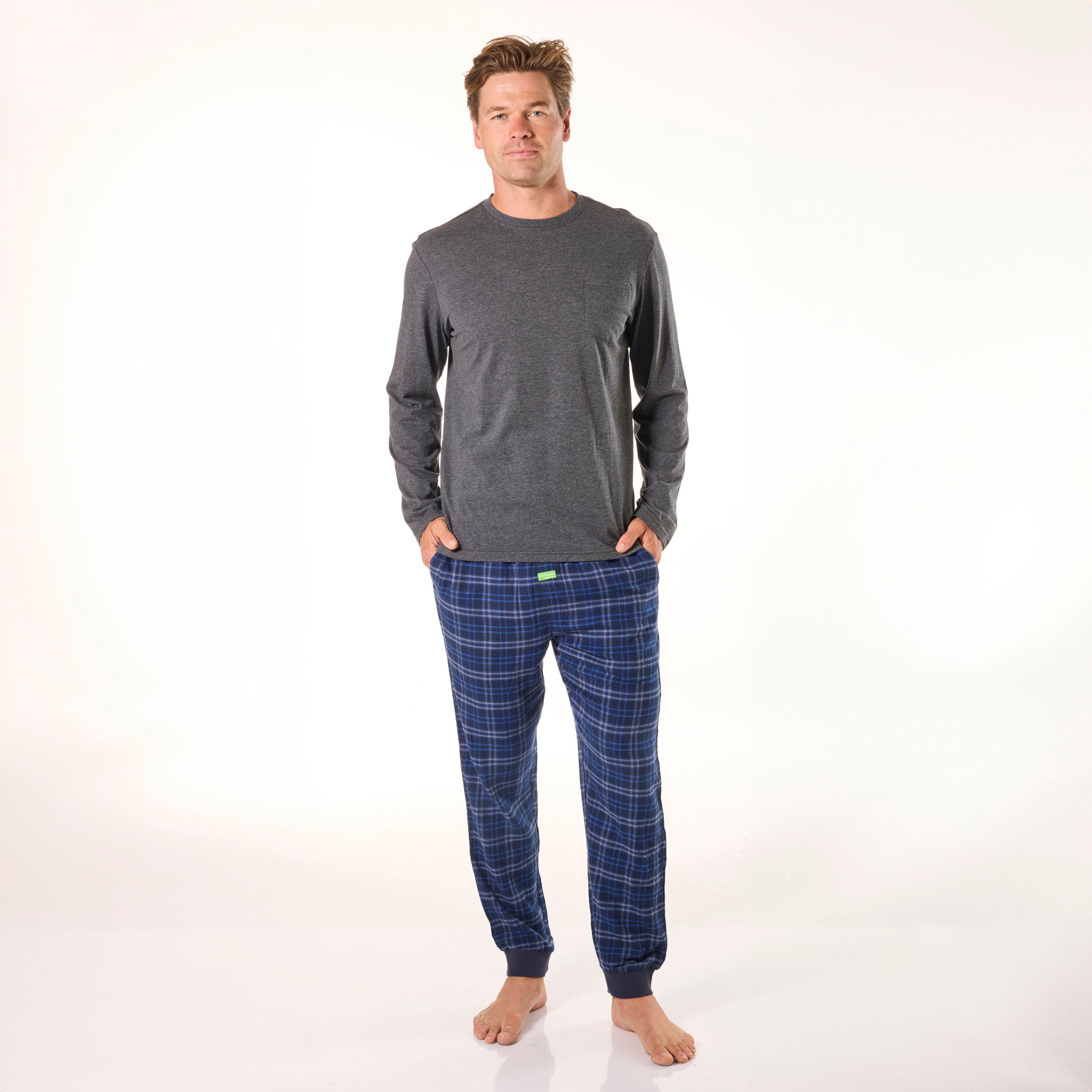Mens Relaxed Cotton Long Sleeve Sleep Tee - Dark Grey Marle - Image 4