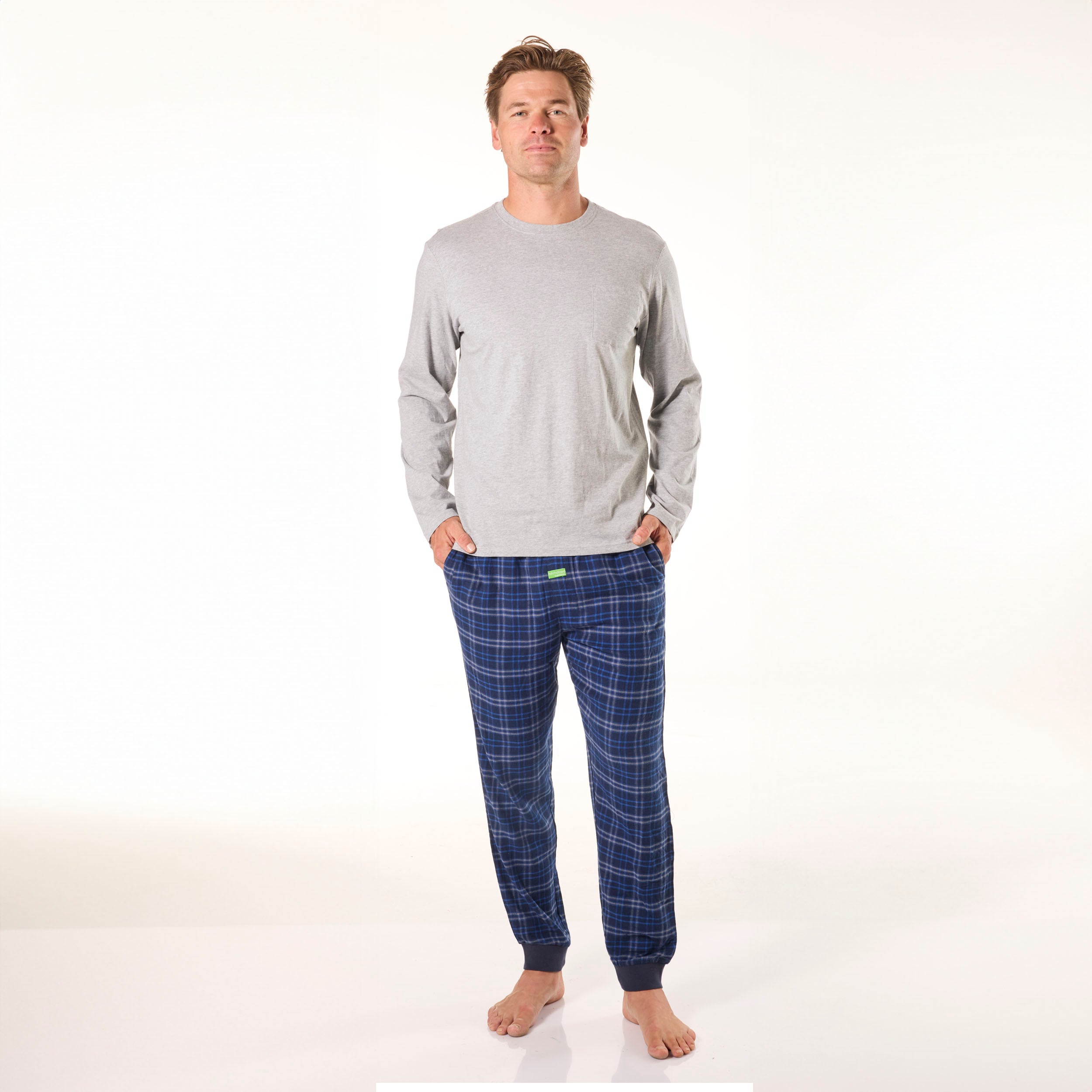 Mens Relaxed Cotton Long Sleeve Sleep Tee - Light Grey Marle - Image 4