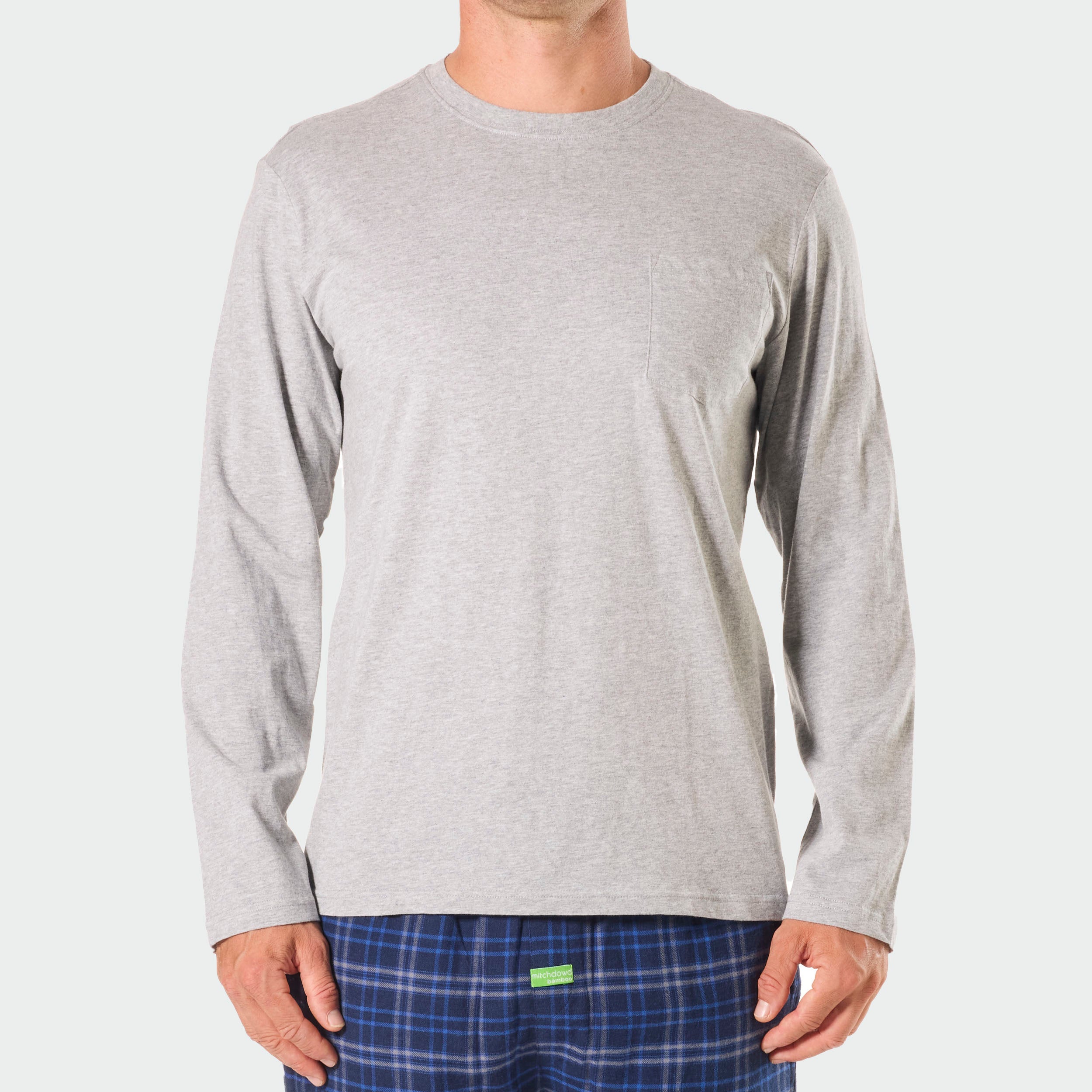 Mens Relaxed Cotton Long Sleeve Sleep Tee - Light Grey Marle - Image 1