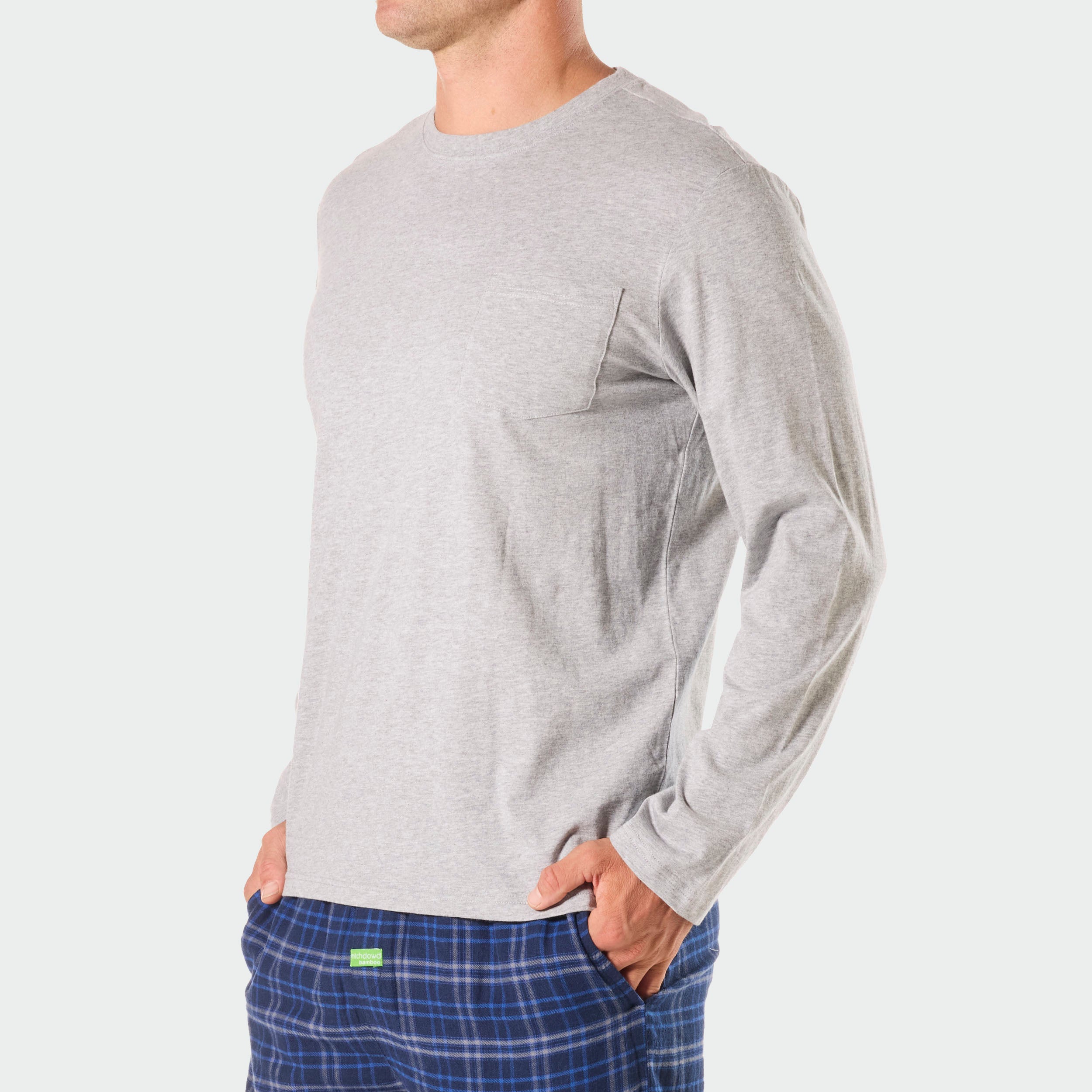 Mens Relaxed Cotton Long Sleeve Sleep Tee - Light Grey Marle - Image 2