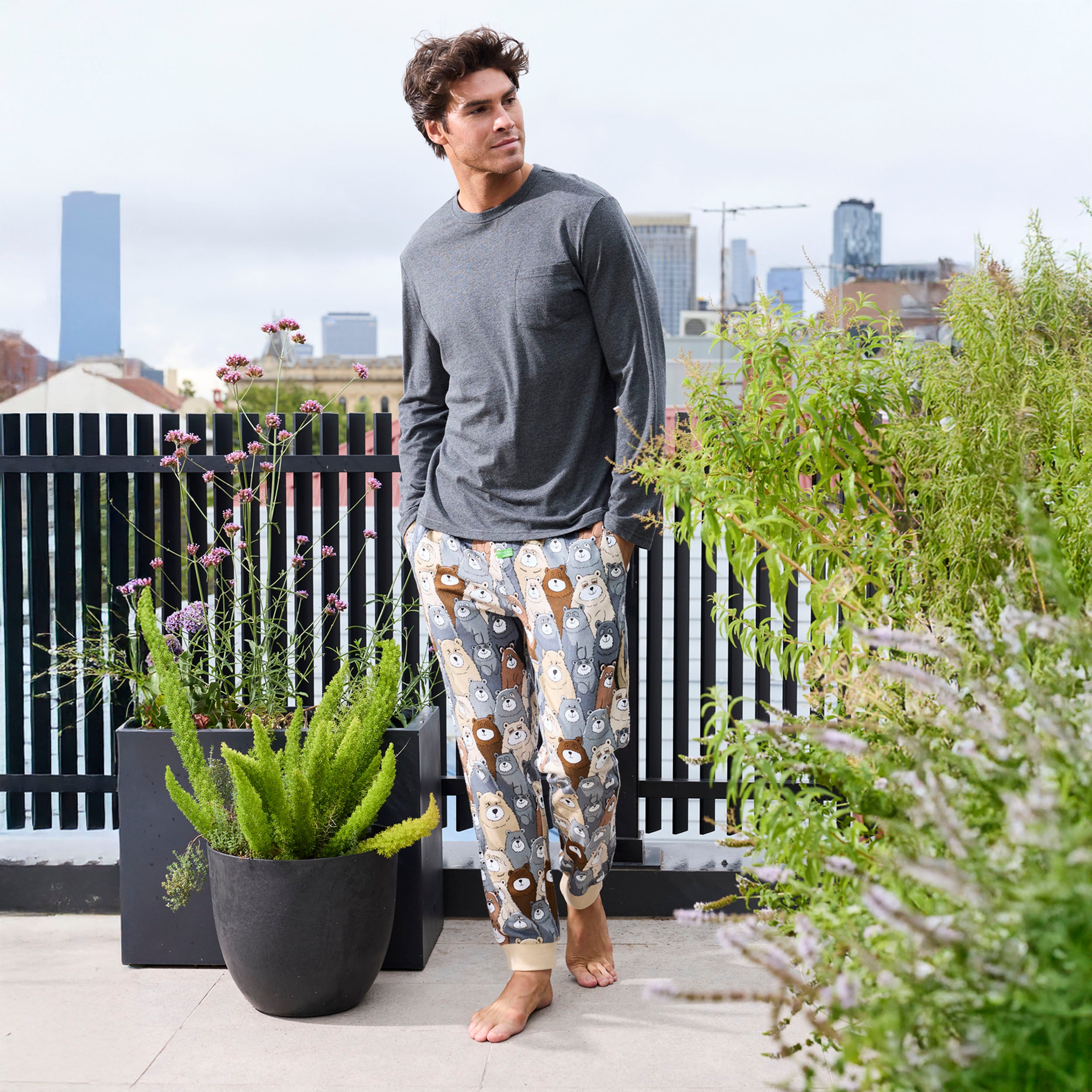 Mens Relaxed Cotton Long Sleeve Sleep Tee - Dark Grey Marle