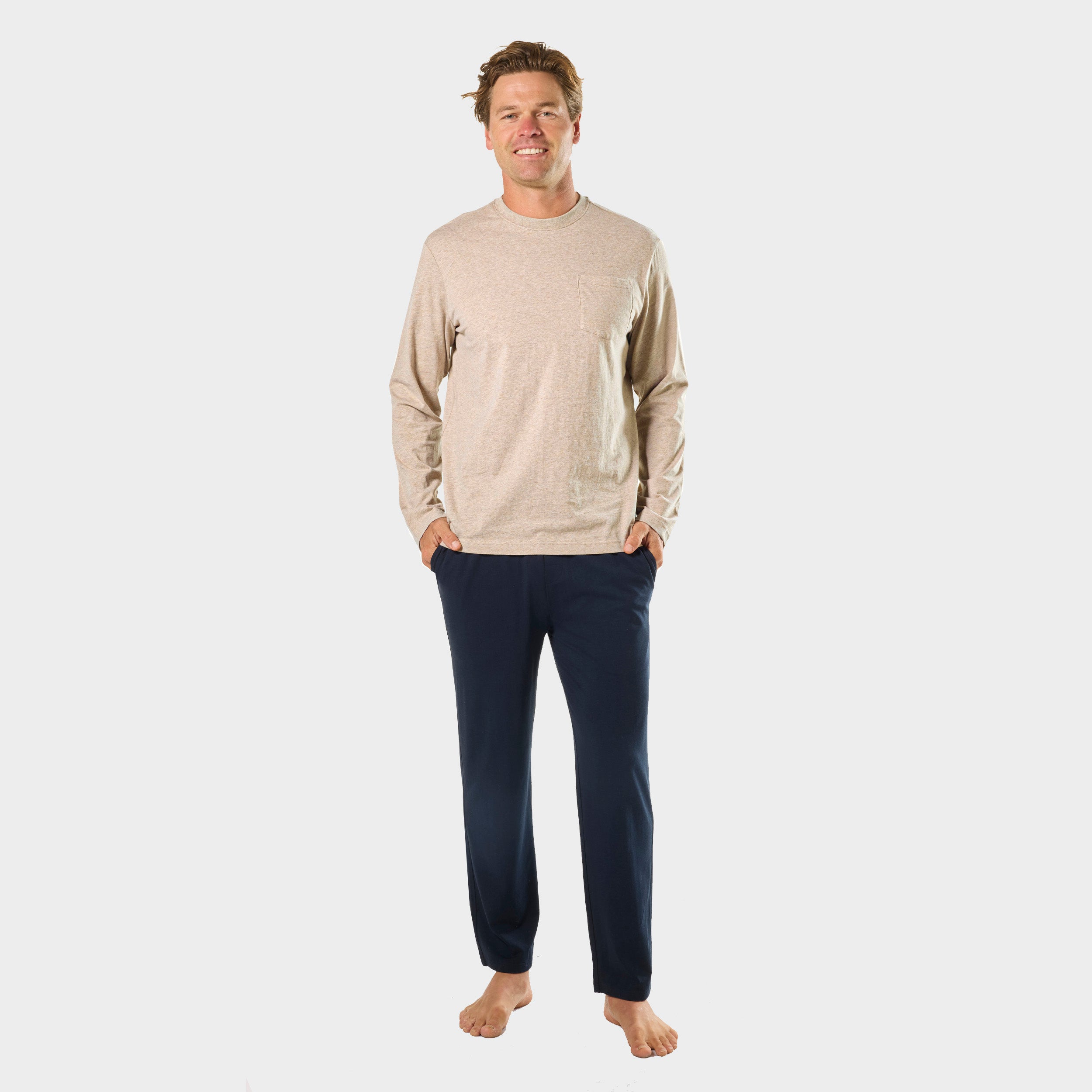 Mens Relaxed Long Sleeve Crew Tee - Oatmeal
