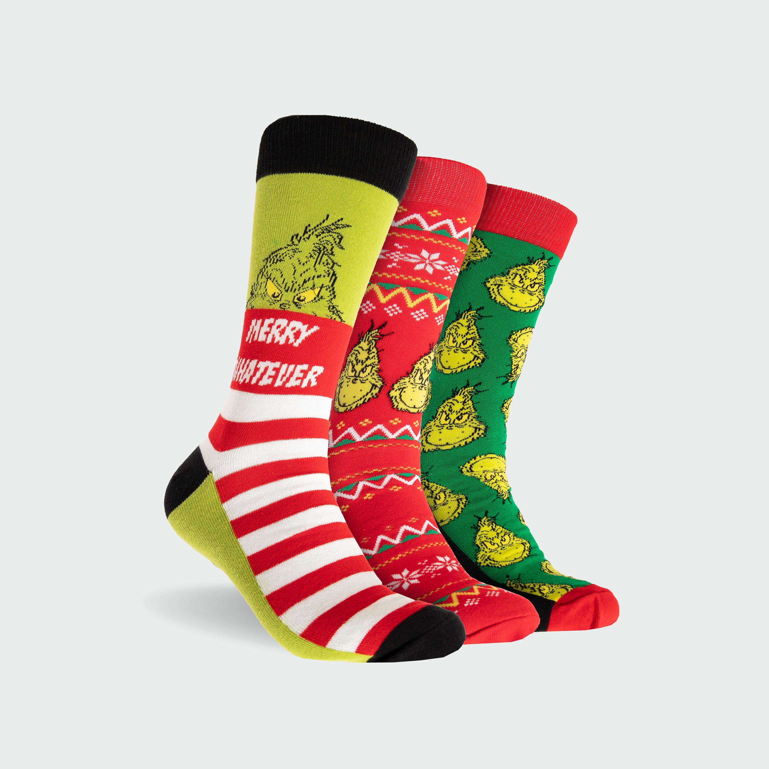Men's Grinch Whatever Cotton Crew Socks 3 Pack Gift Box - Red & Green - Image 2