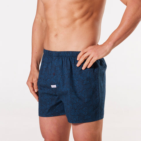 Men's Dark Leaf Cotton Boxer Shorts - Navy