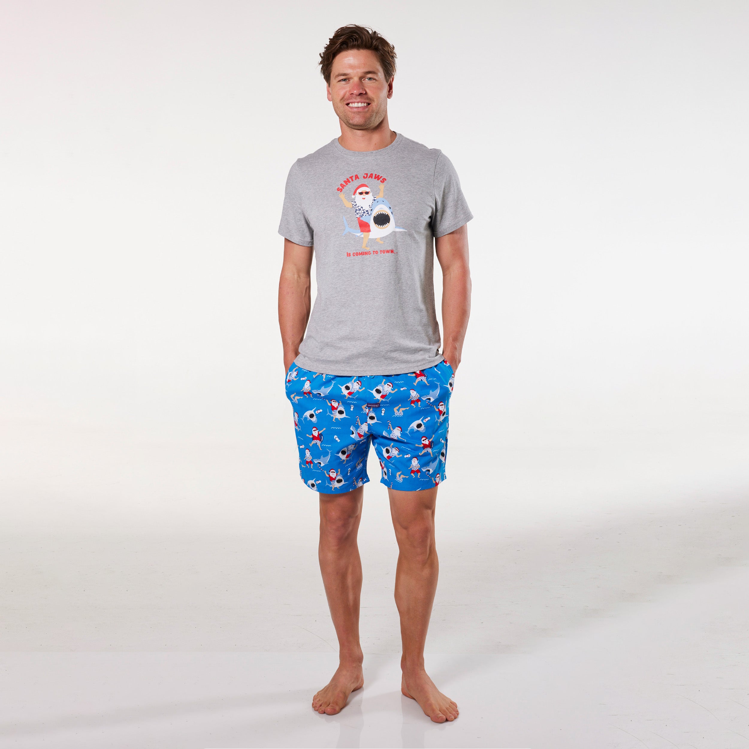 Men's Christmas Surfs Up Santa Cotton Printed Woven Pyjama Set - Grey Marle - Image 5