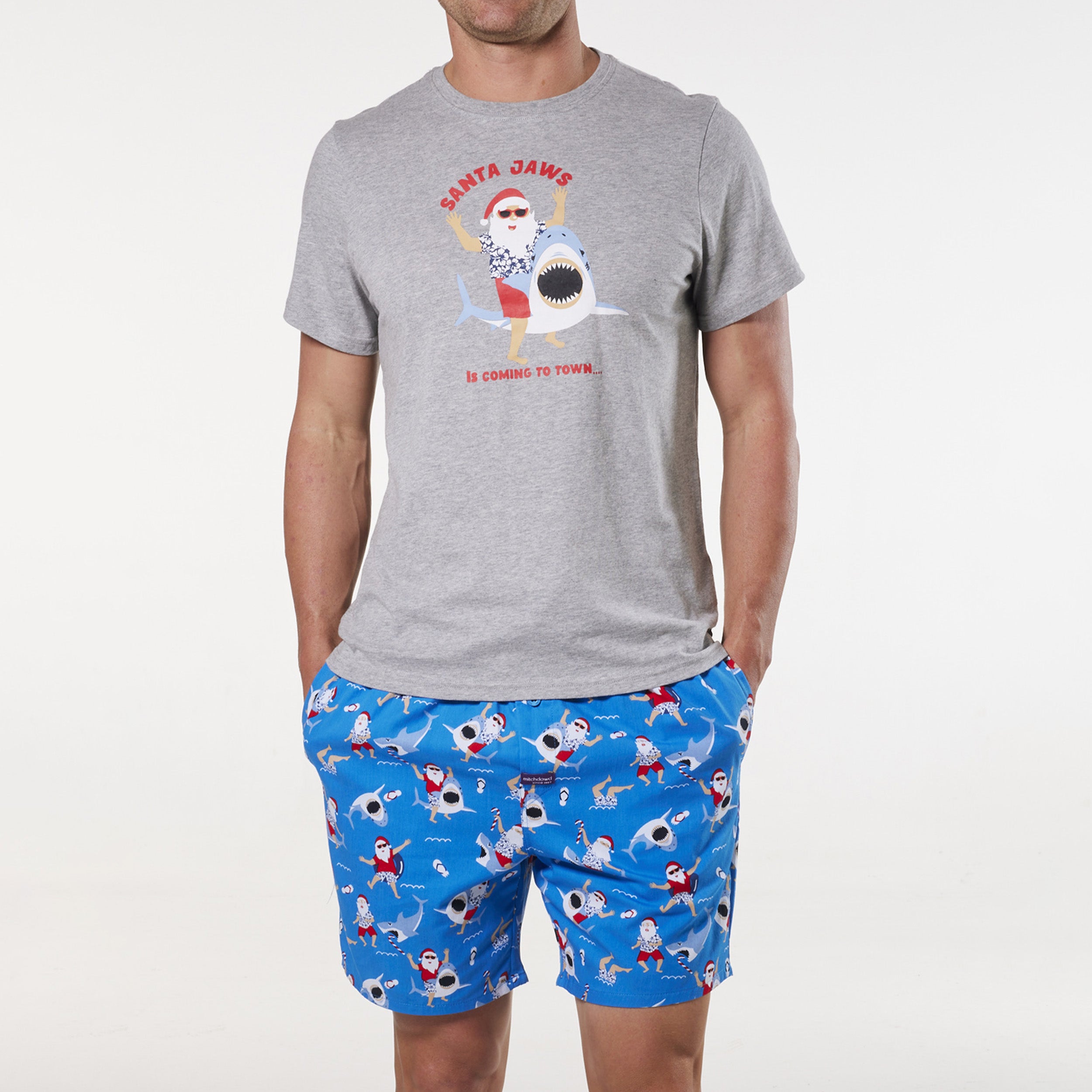 Men's Christmas Surfs Up Santa Cotton Printed Woven Pyjama Set - Grey Marle - Image 4