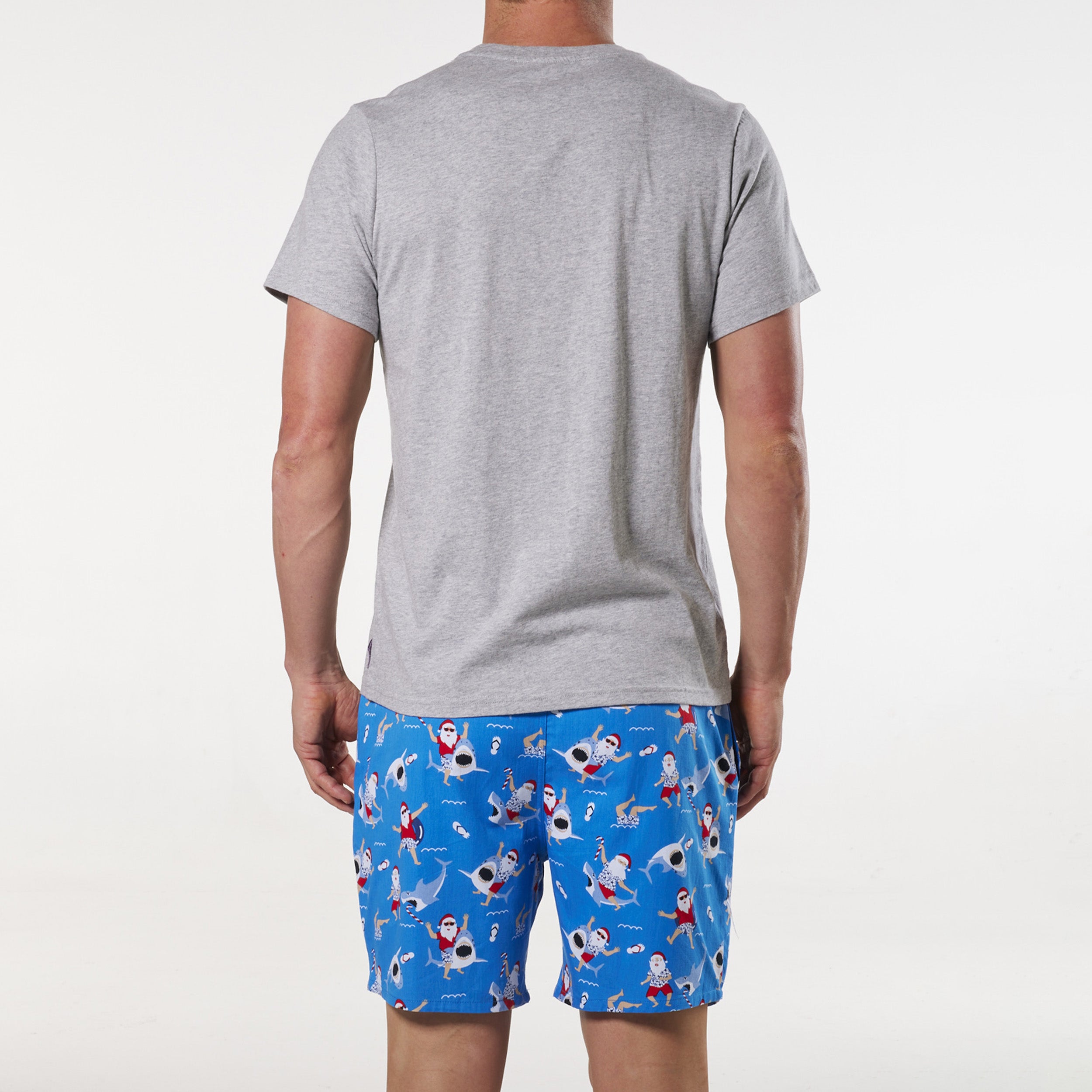Men's Christmas Surfs Up Santa Cotton Printed Woven Pyjama Set - Grey Marle - Image 3