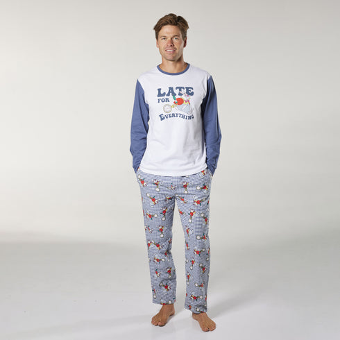 Men's I'm Late Cotton Flannel Long Sleeve Pyjama Set - Blue & White