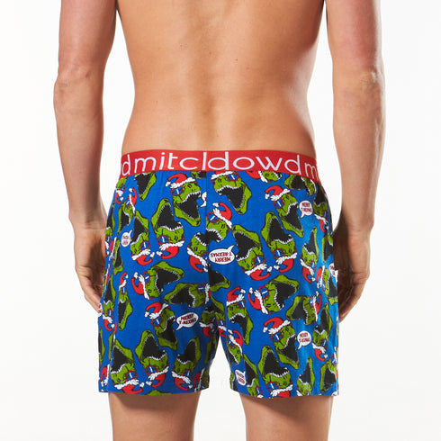 Men's Christmas Merry T-Rexmas Loose Fit Knit Boxers - Blue
