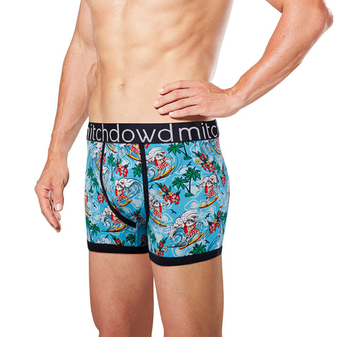 Men's Surfing Santa Printed Cotton Mid-Length Trunk with Stubby Holder