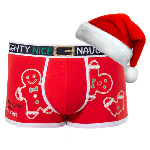 Men's Christmas Santa Cotton Printed Mid-Length Trunk with Santa Hat Gift - Red