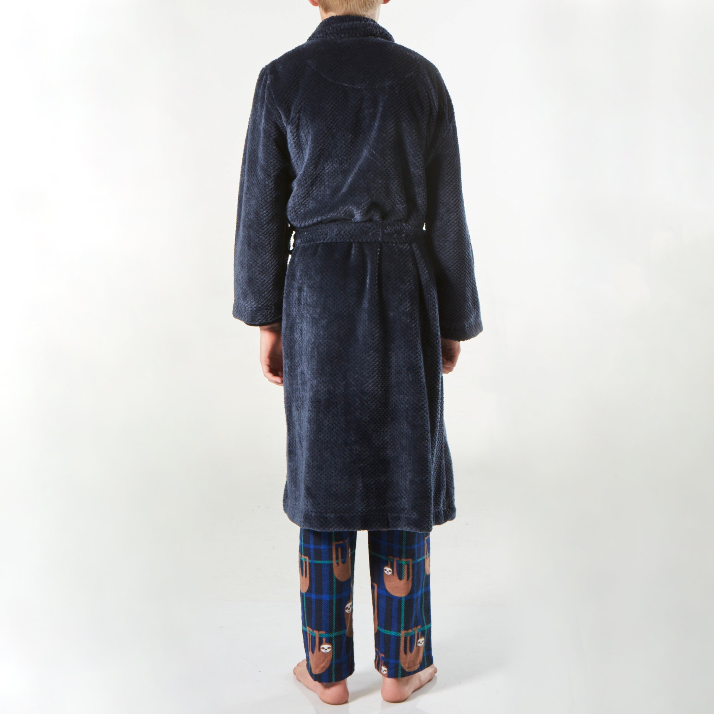 Boy's Waffle Texture Coral Fleece Robe - Navy - Image 3