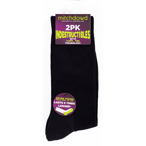 Men's Plain Cotton Indestructibles Crew Socks 2 Pack - Black