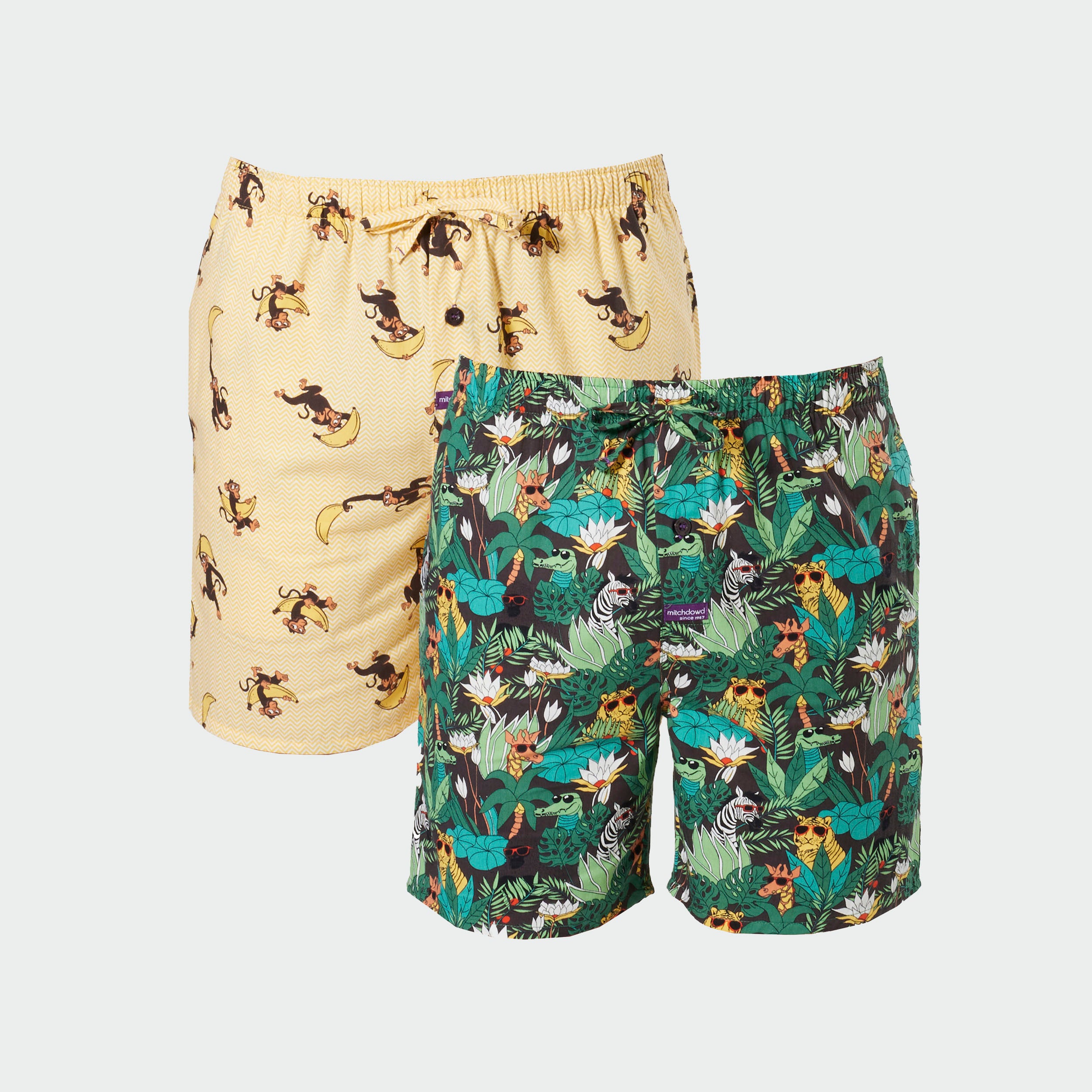 Men's Jungle Monkey Cotton Sleep Shorts 2 Pack - Green & Yellow - Image 1