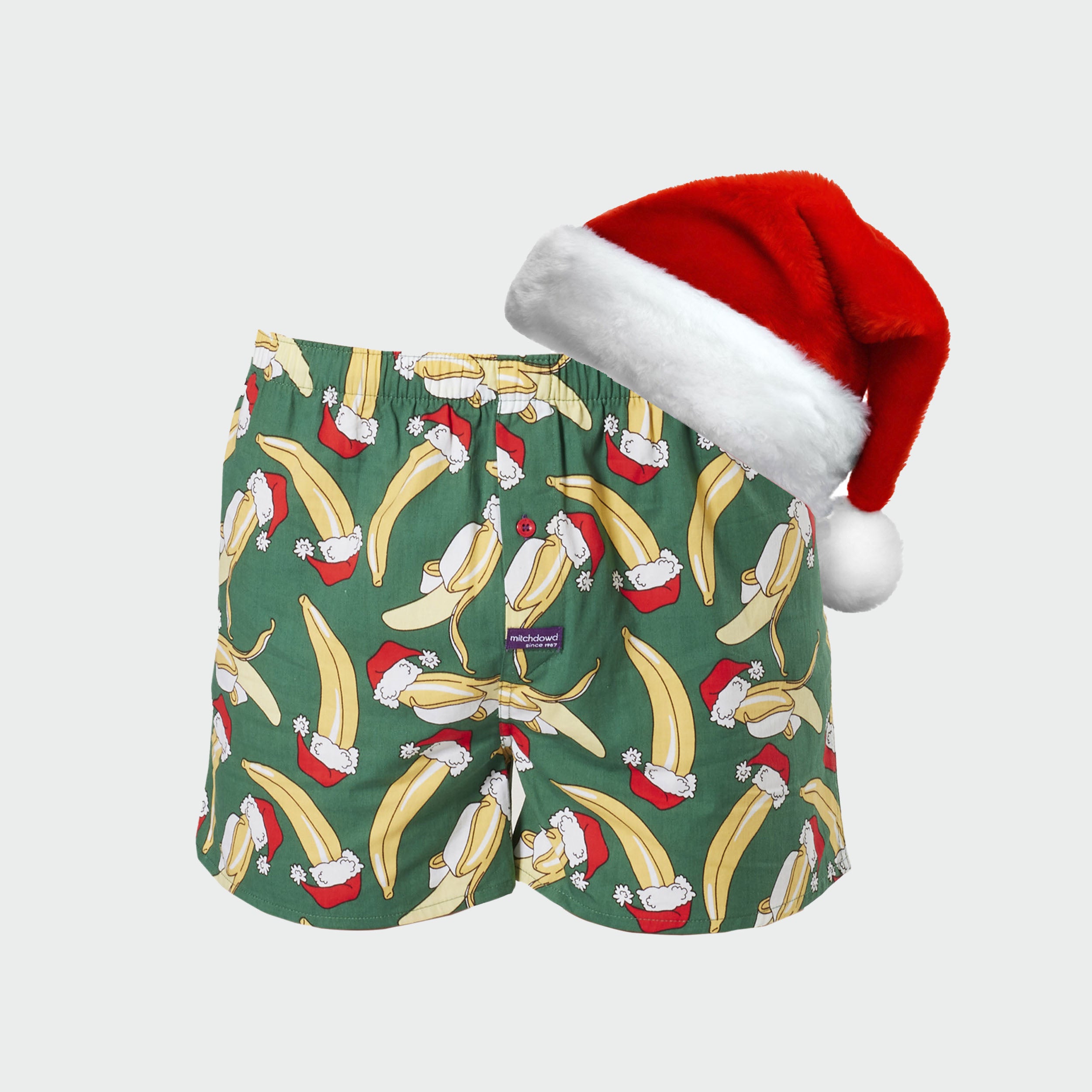 Men's Christmas Jolly Banana Cotton Boxer Shorts with Santa Hat - Green - Image 1