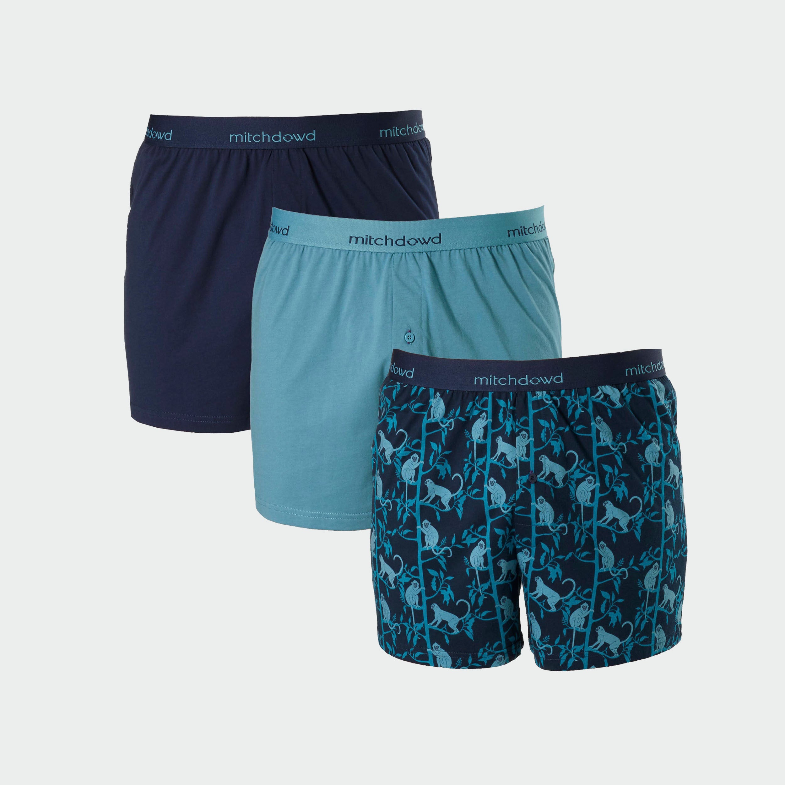 Men's Monkey Jungle Cotton Loose Fit Knit Boxer Shorts 3 Pack - Navy & Sage - Image 1