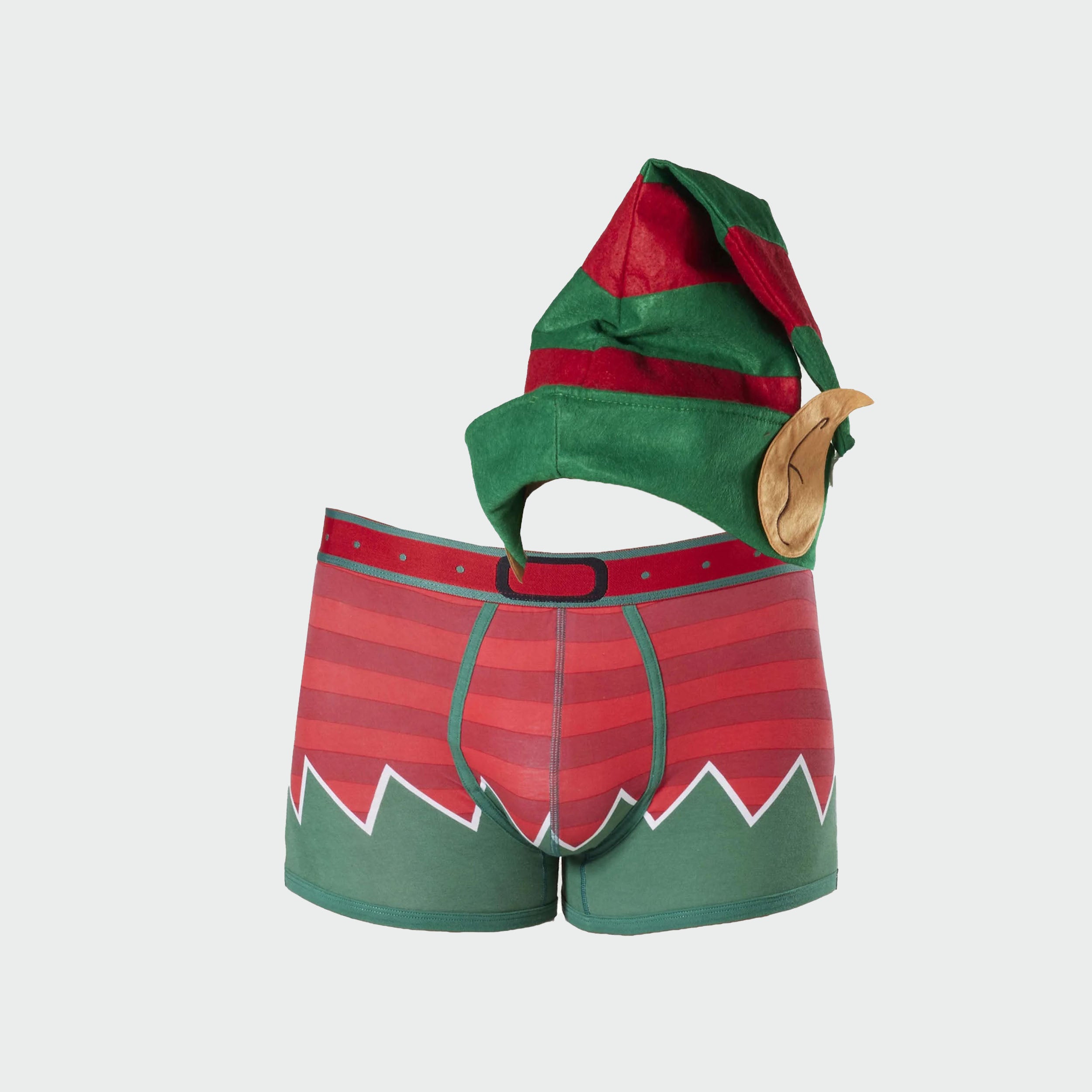 Men's Christmas Elf Cotton Trunk with Elf Hat - Red & Green - Image 1