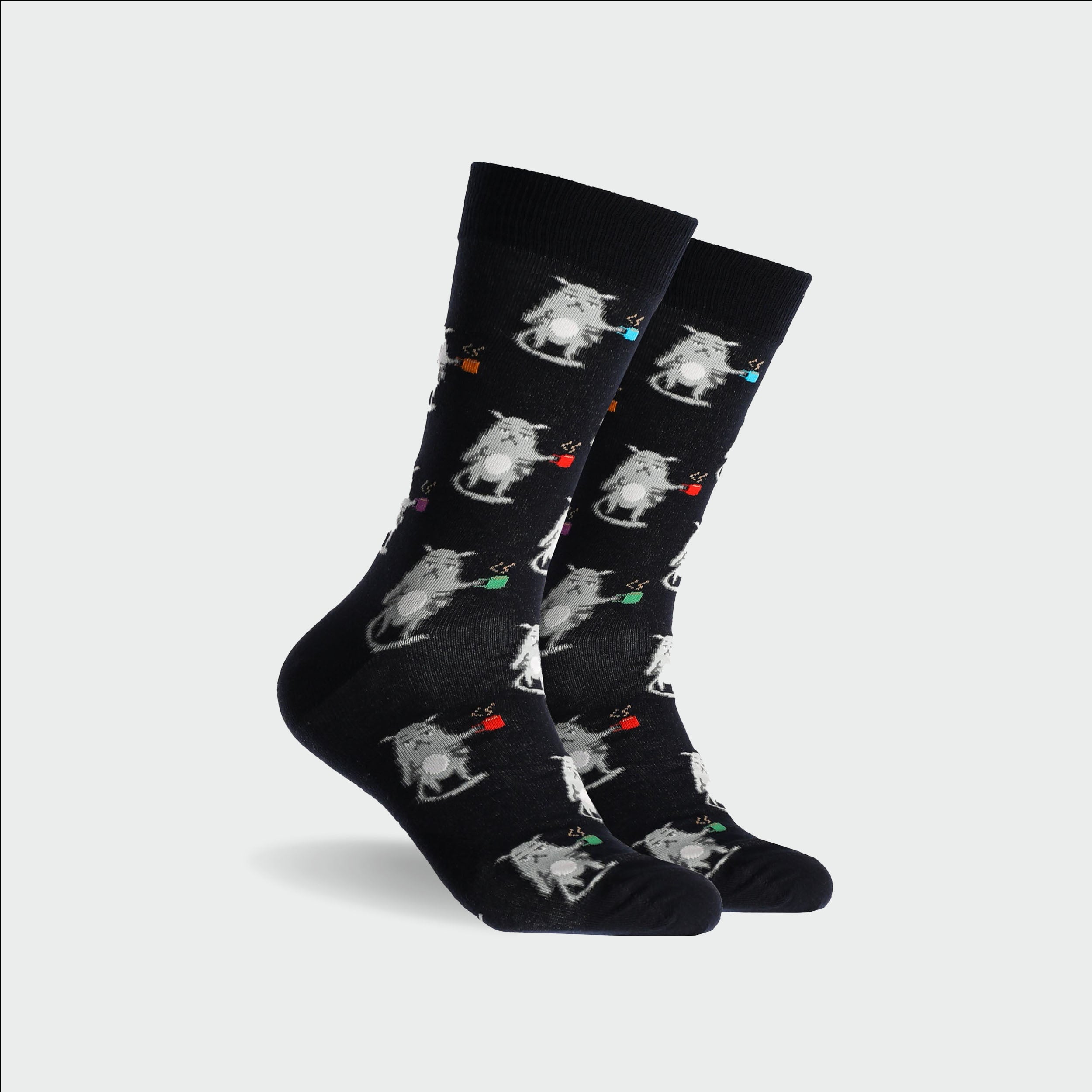 Men's Coffee Cat Cotton Crew Socks - Navy - Image 1