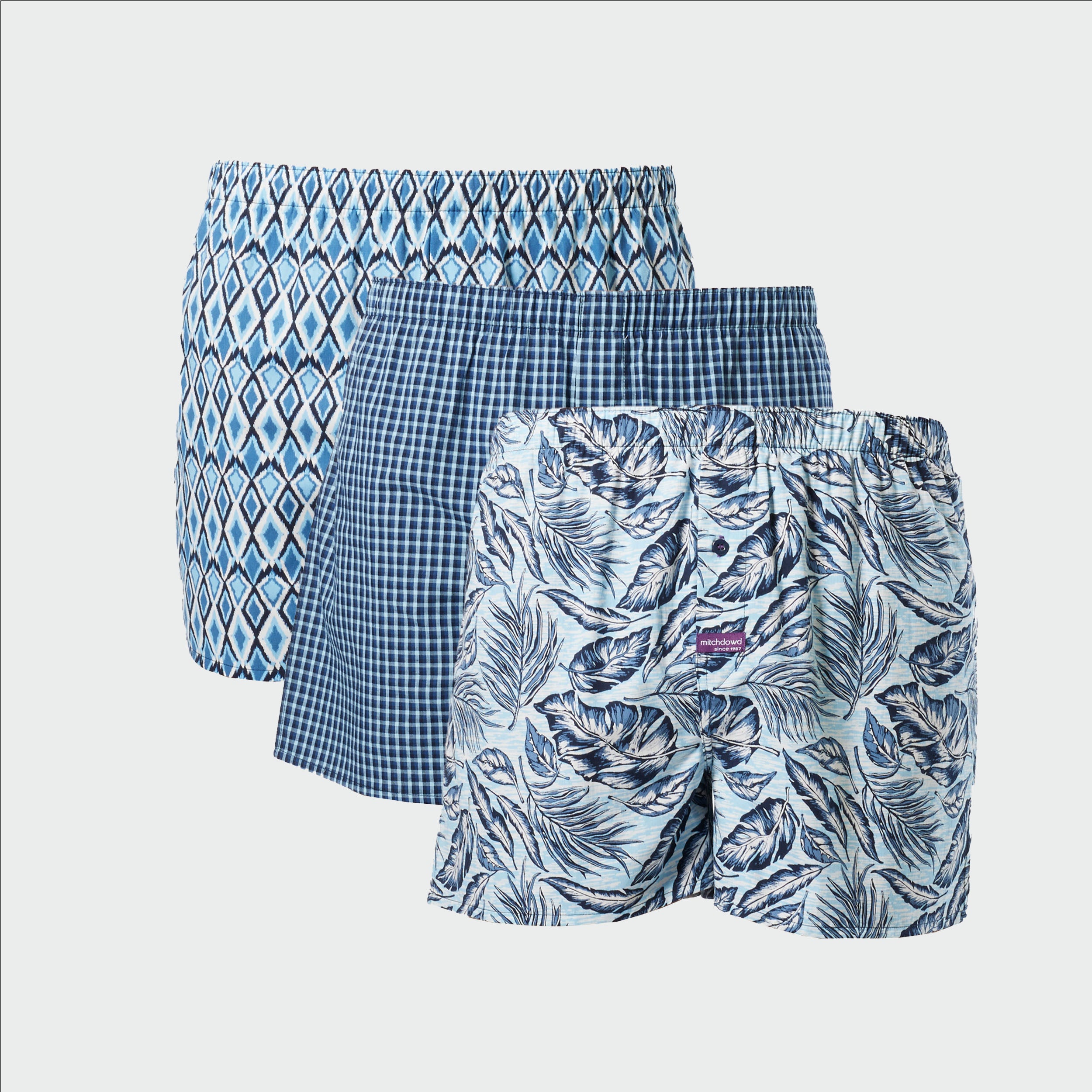 Men's Leaf & Vine Cotton Boxer Shorts 3 Pack - Blue - Image 1