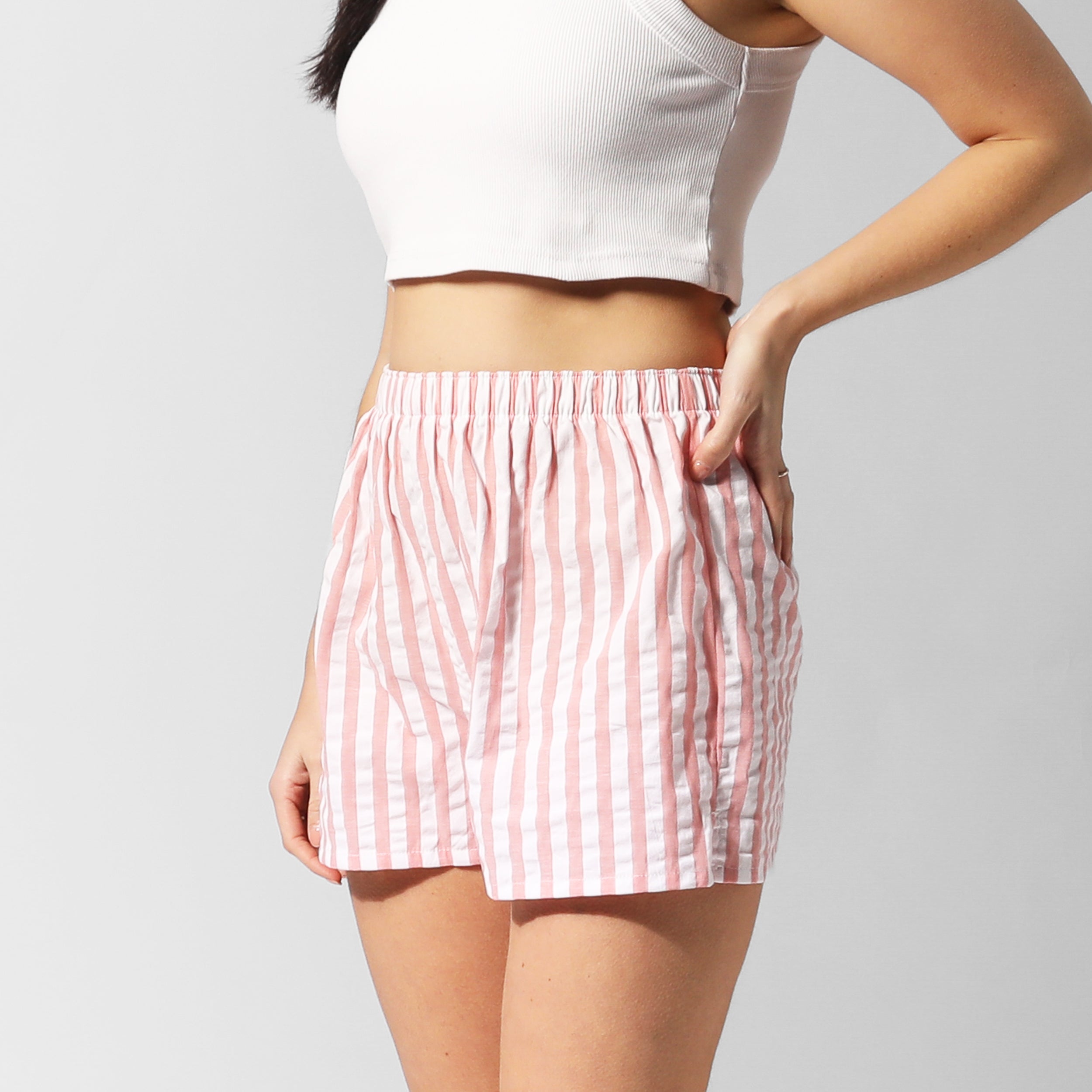 Women's Seersucker Stripe Cotton Boxer Shorts - Red