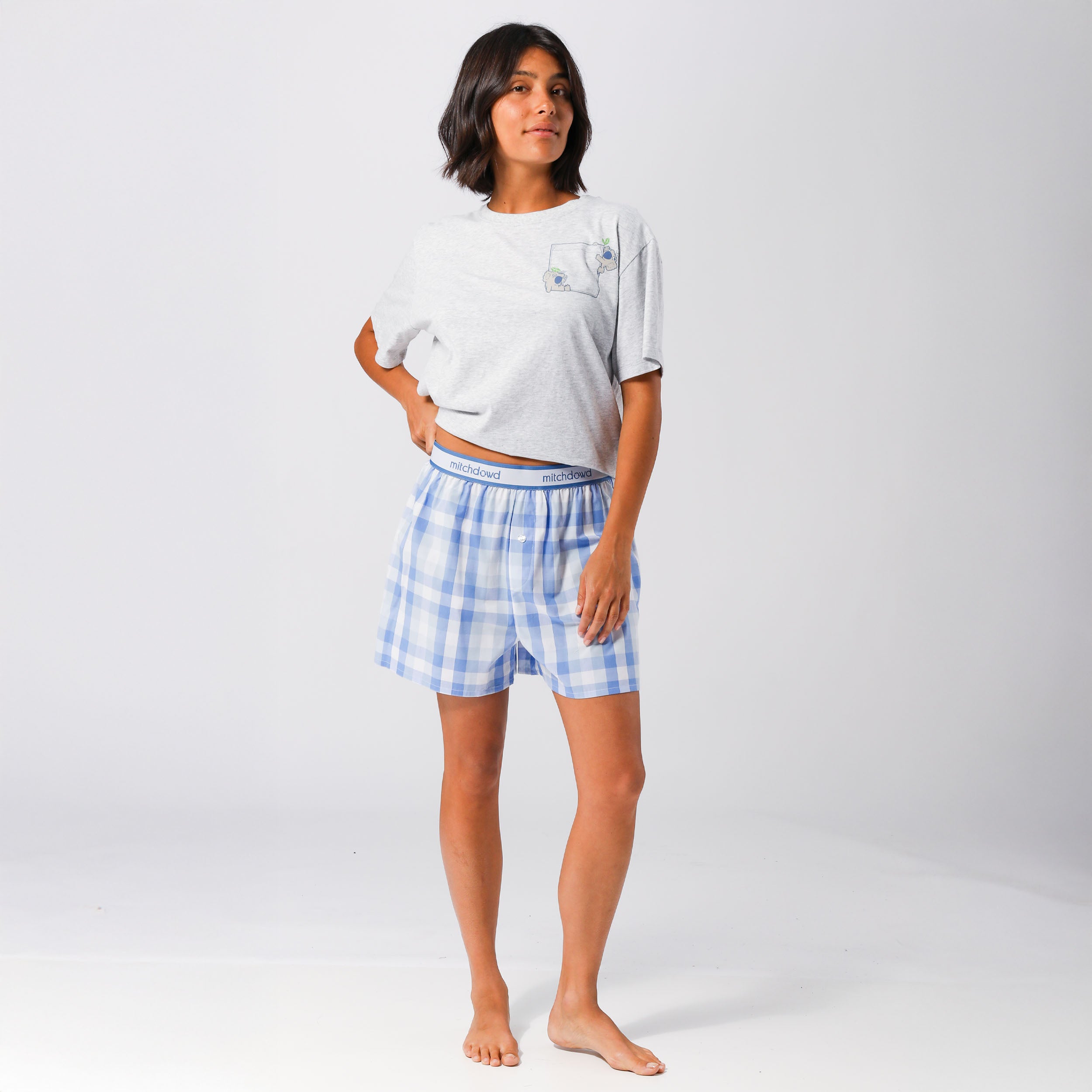 Women's Check Cotton Boxer Shorts - Sky Blue - Image 1