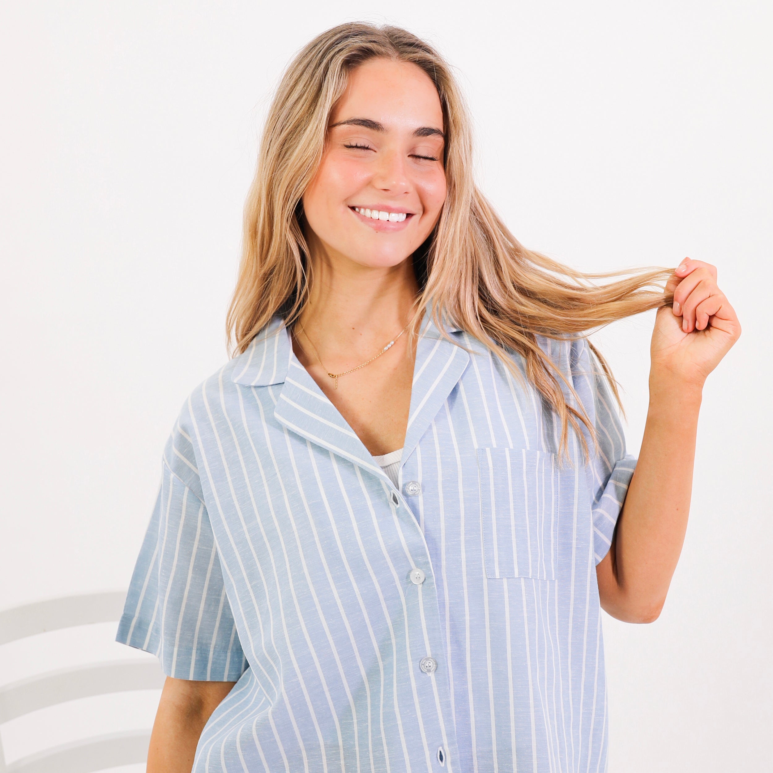 Mitchdowd Womens Blue Stripe Linen Pyjama Set