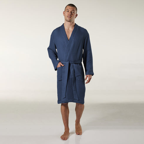 Men's Waffle Texture Bamboo Woven Robe - Denim
