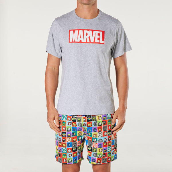 Men's Marvel Logo Cotton Pyjama Set - Grey Marle