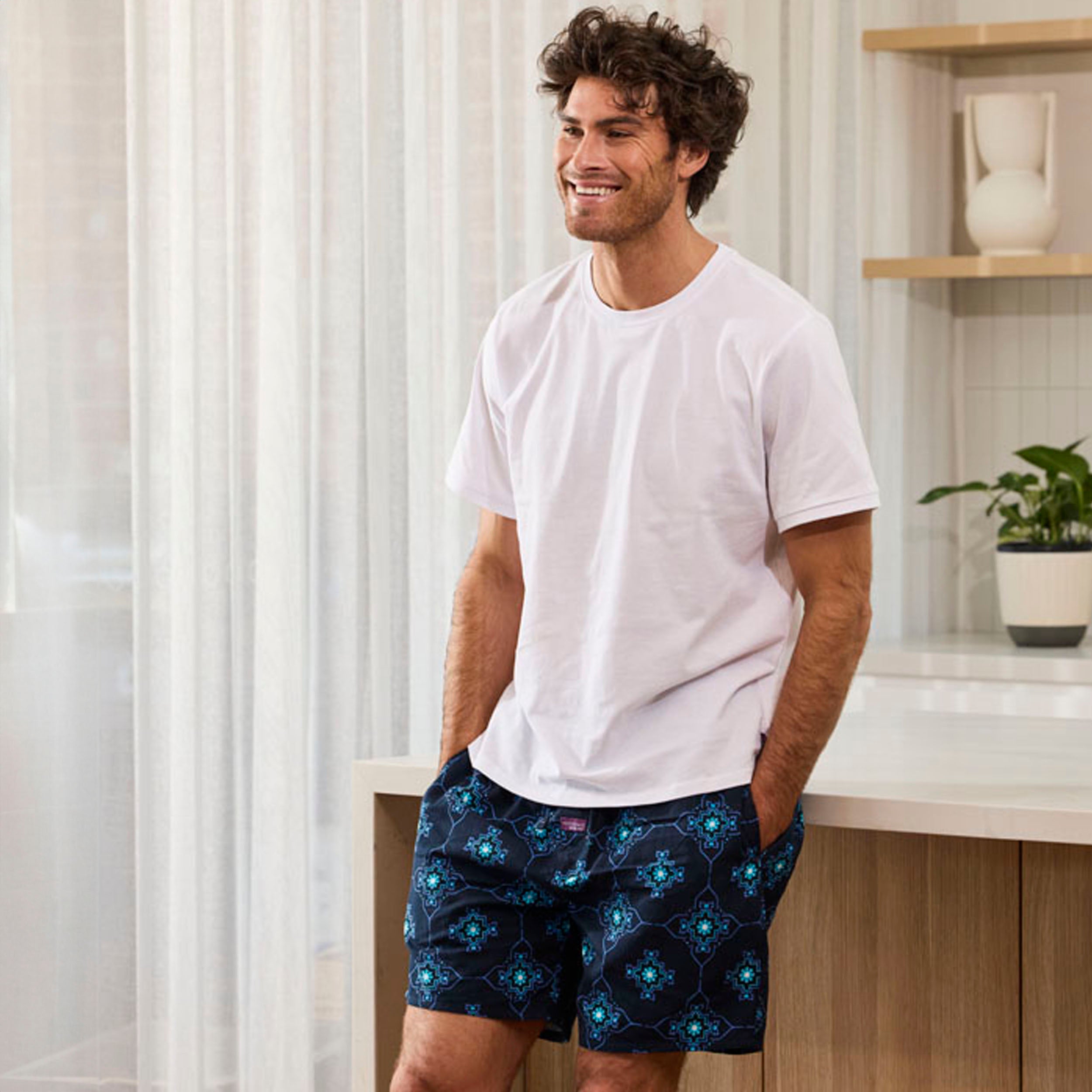 Men's Geo Tiles Cotton Sleep Shorts - Navy - Image 5