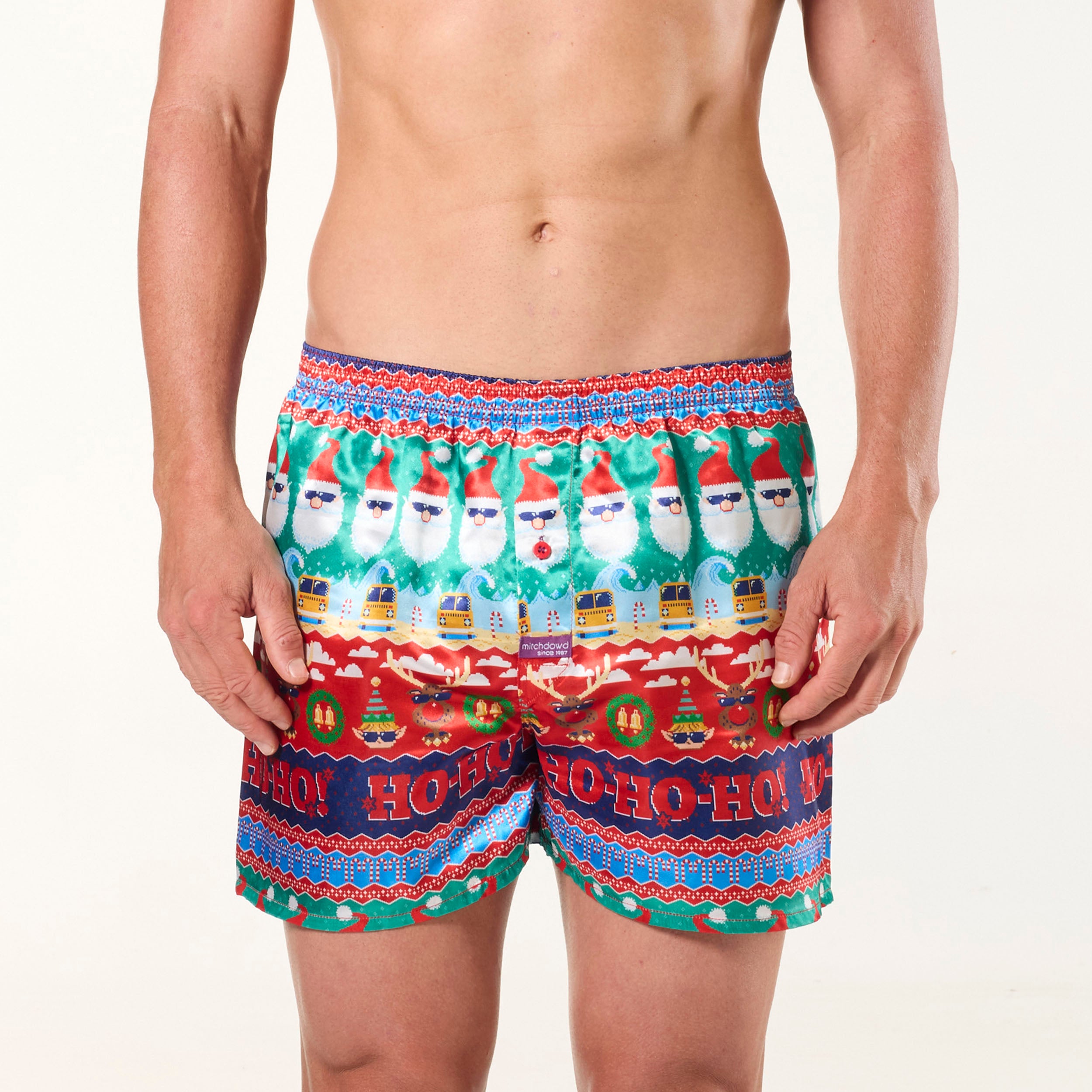 Men's Ugly Ho Ho Ho Satin Boxer Short with Santa Hat - Red - Image 2