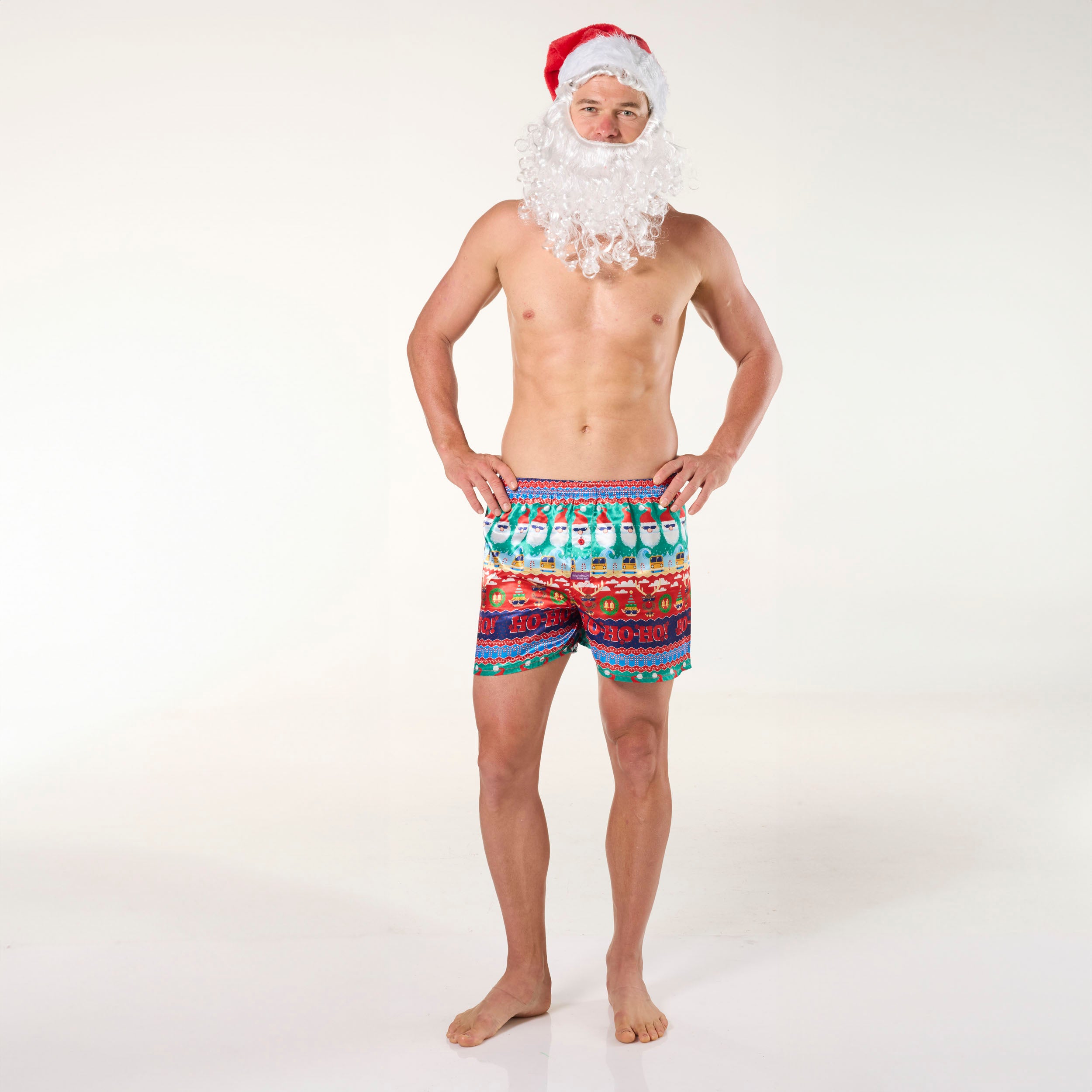 Men's Ugly Ho Ho Ho Satin Boxer Short with Santa Hat - Red - Image 5