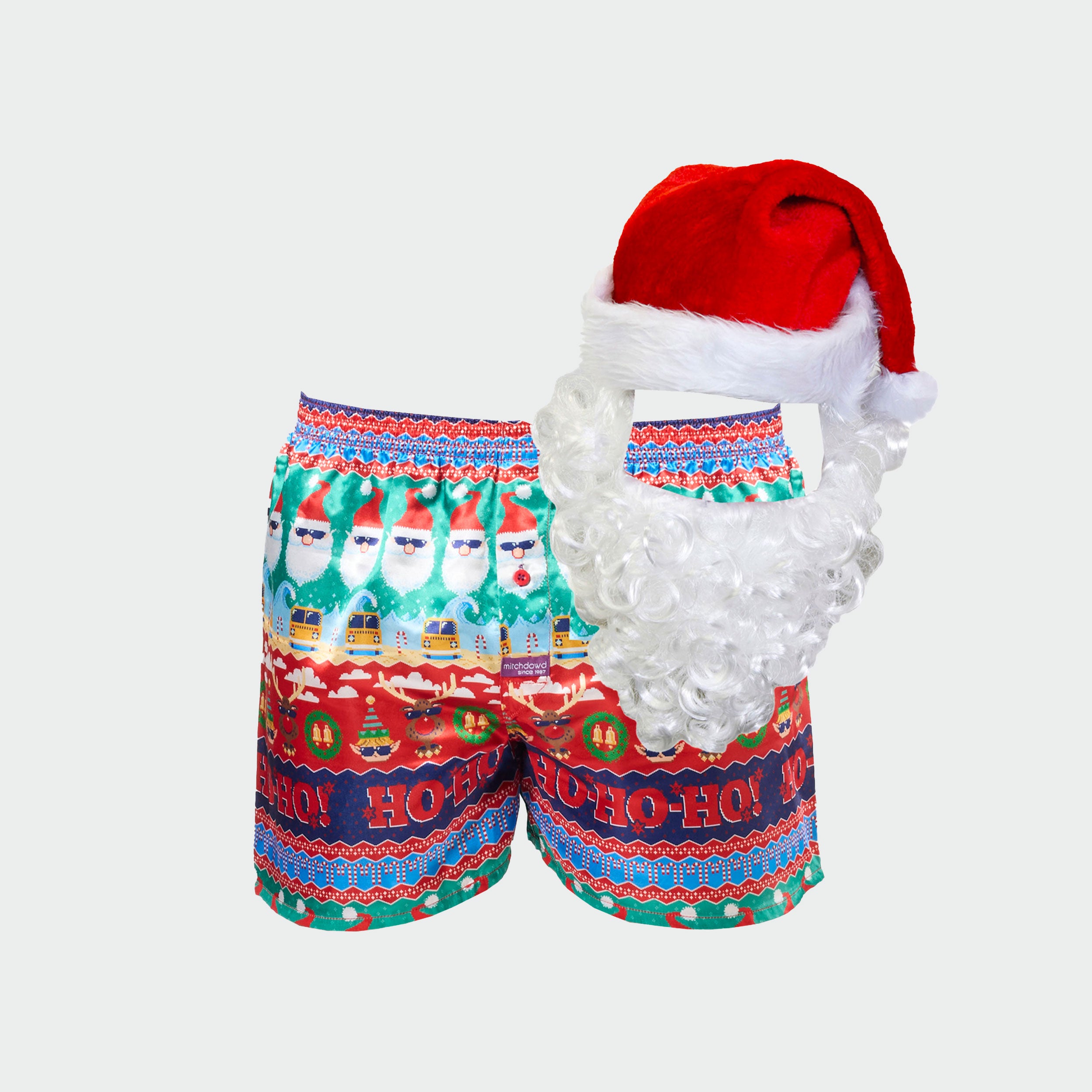 Men's Ugly Ho Ho Ho Satin Boxer Short with Santa Hat - Red