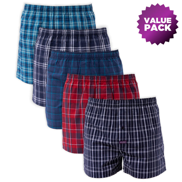 Men's Woven Cotton Boxer Shorts Value 5 Pack - Assorted
