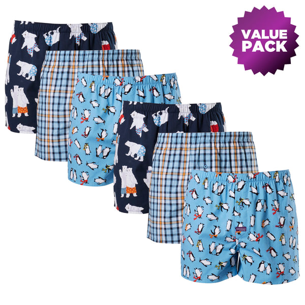 Men's Polar Bears & Penguins Cotton Boxer Shorts Value 6 Pack – Blue