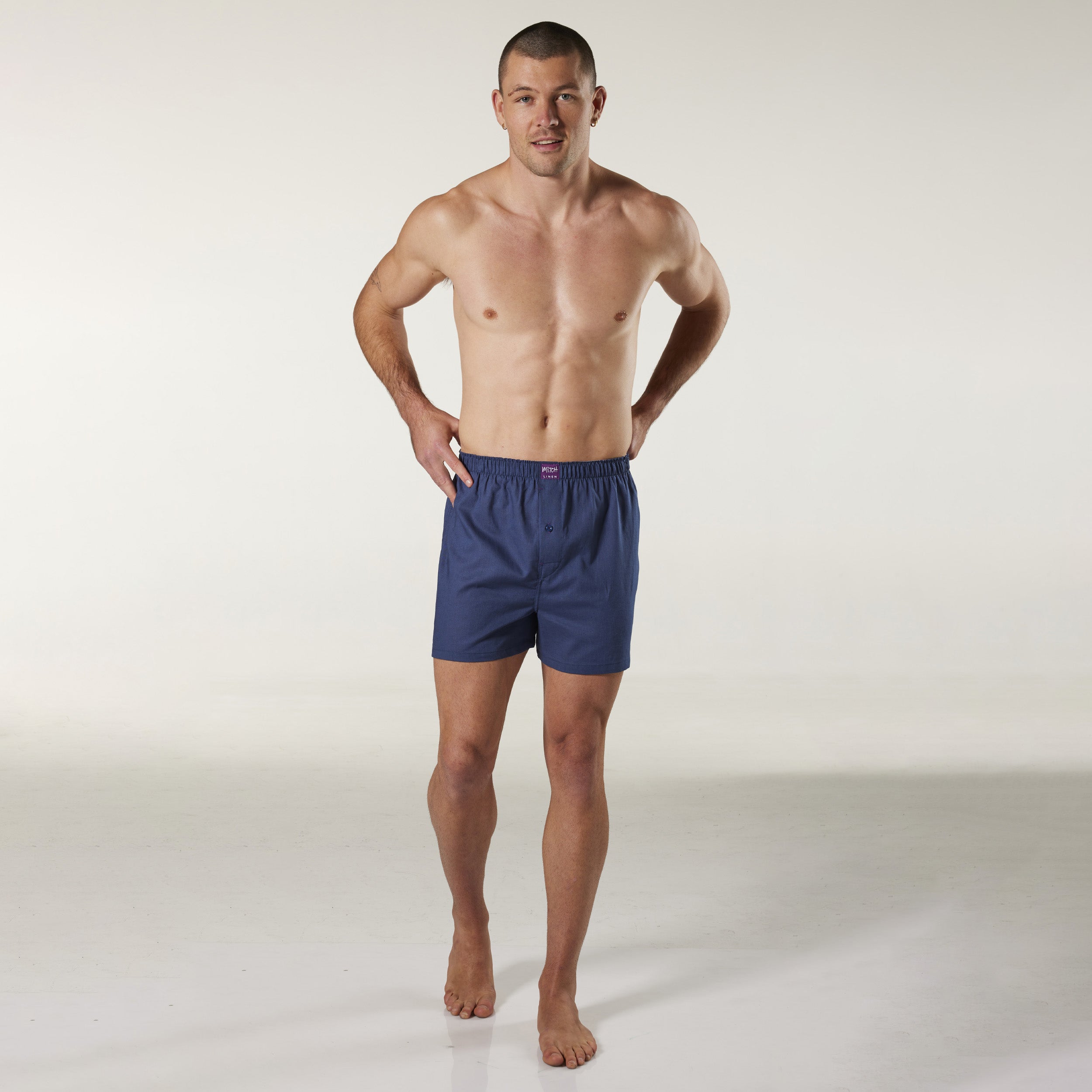 Men's Linen Blend Boxer Short - Denim Model Image 3