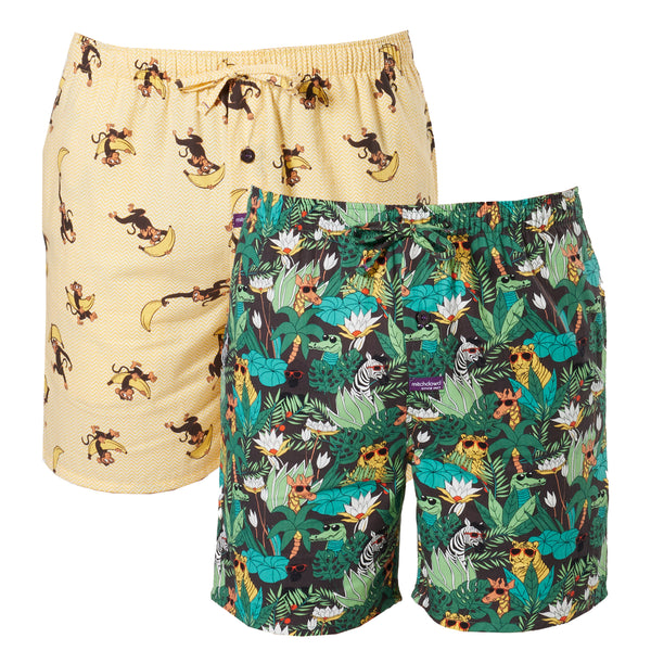Men's Jungle Monkey Cotton Sleep Shorts 2 Pack - Green & Yellow