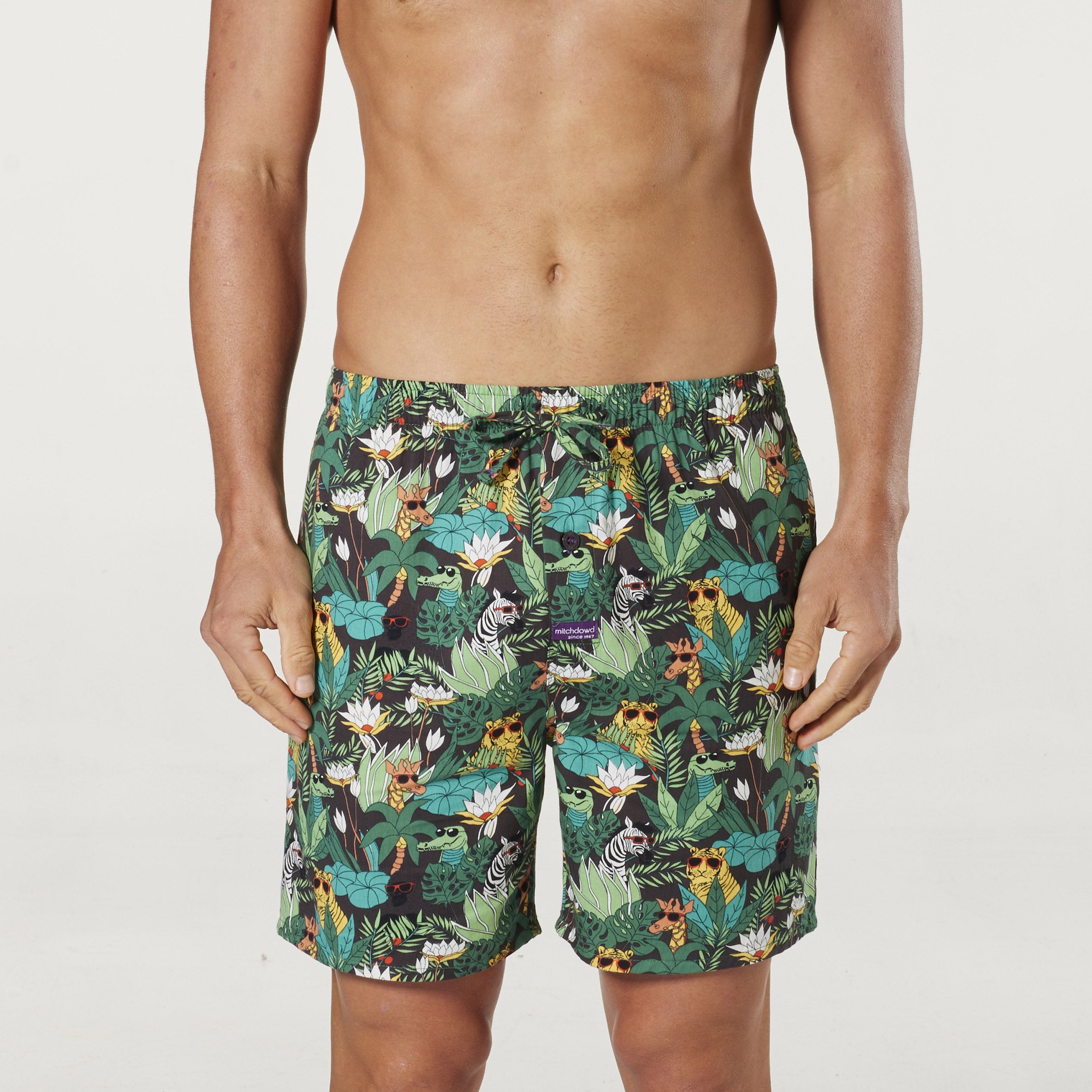 Men's Quirky Jungle Cotton Sleep Shorts - Green - Image 1