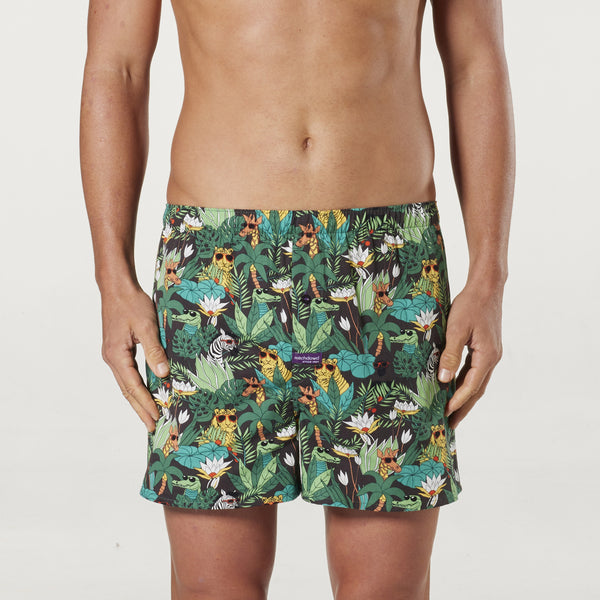 Men's Quirky Jungle Cotton Boxer Shorts - Green