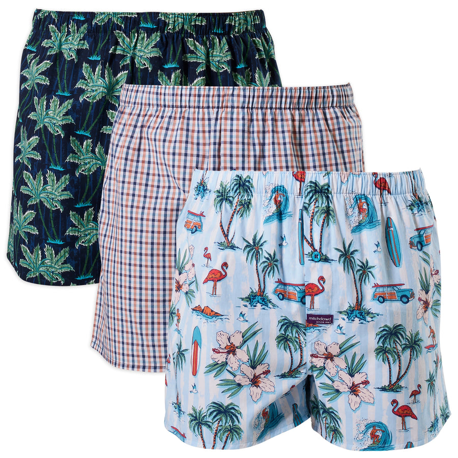 Men's Hawaiian Charm Cotton Boxer Shorts 3 Pack Model Image # 1