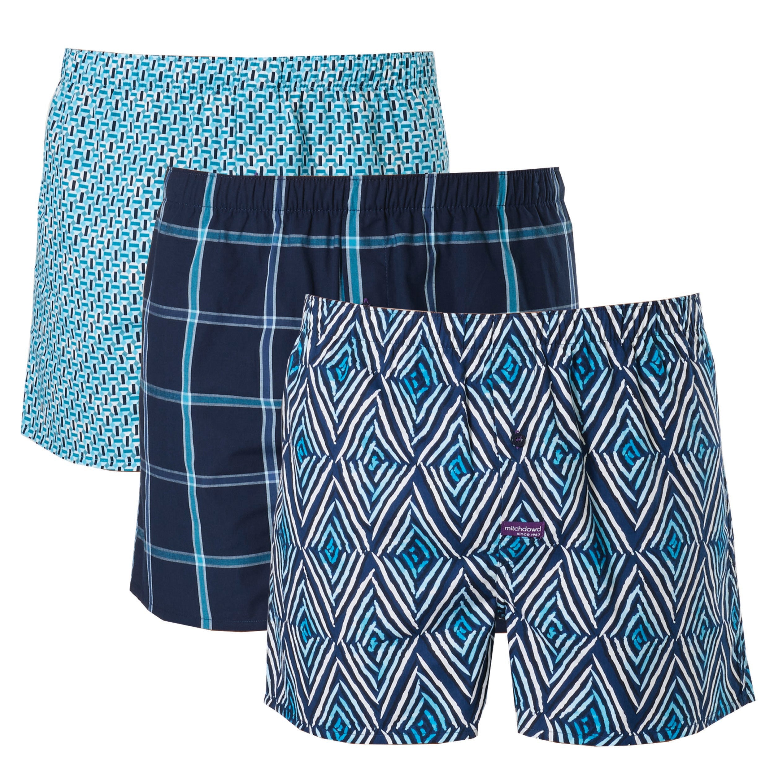 Men's Painted Diamond Cotton Boxer Shorts 3 Pack - Blue - Image 1