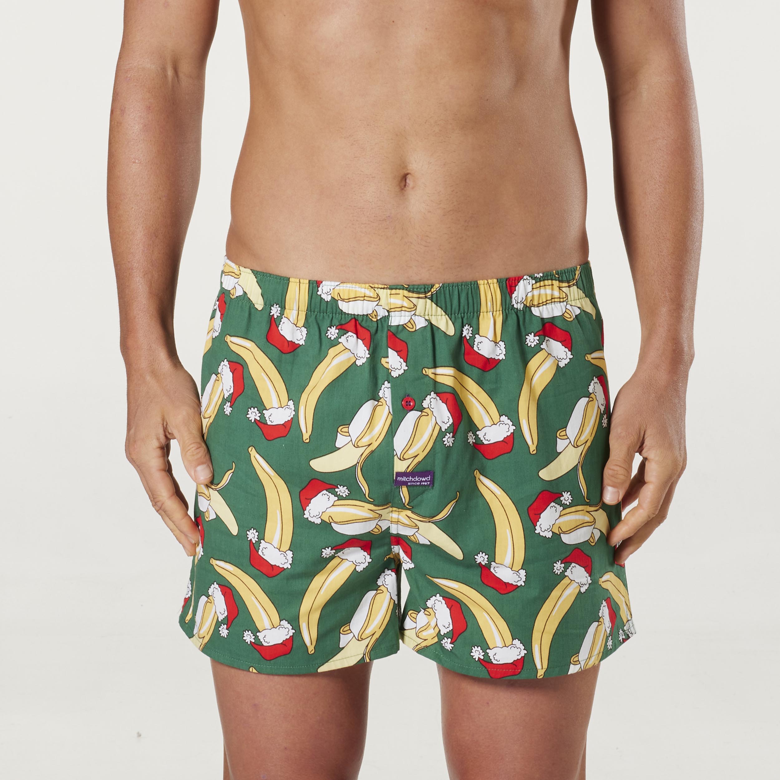 Men's Christmas Jolly Banana Cotton Boxer Shorts with Santa Hat - Green - Image 2